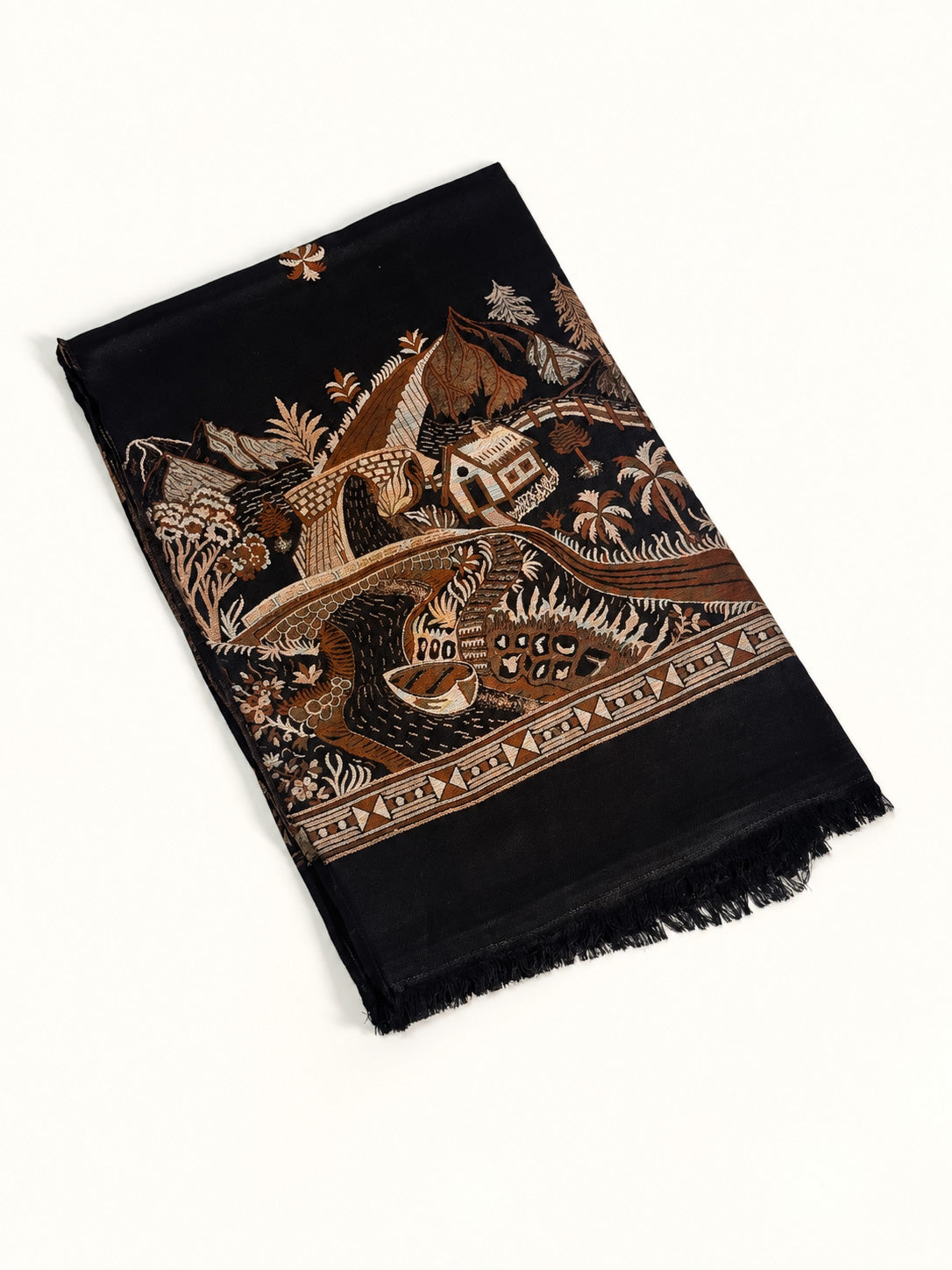 Scenic Border & Motifs Pashmina Kani Shawl