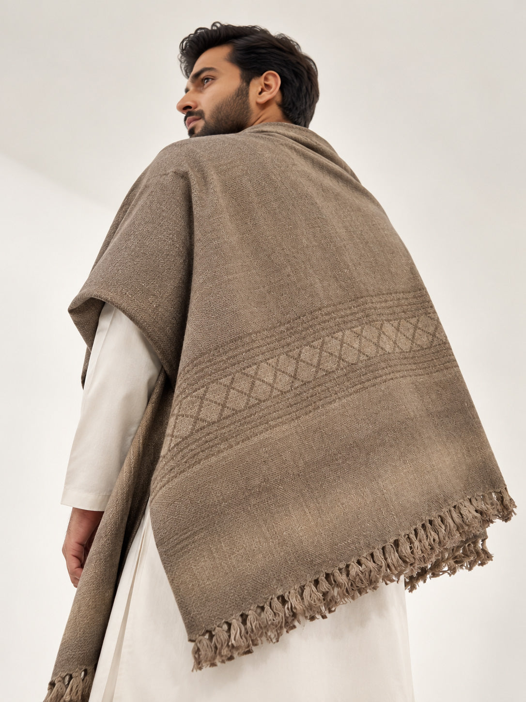 Silsila Wool Men's Shawl Self-Print Diamond Border