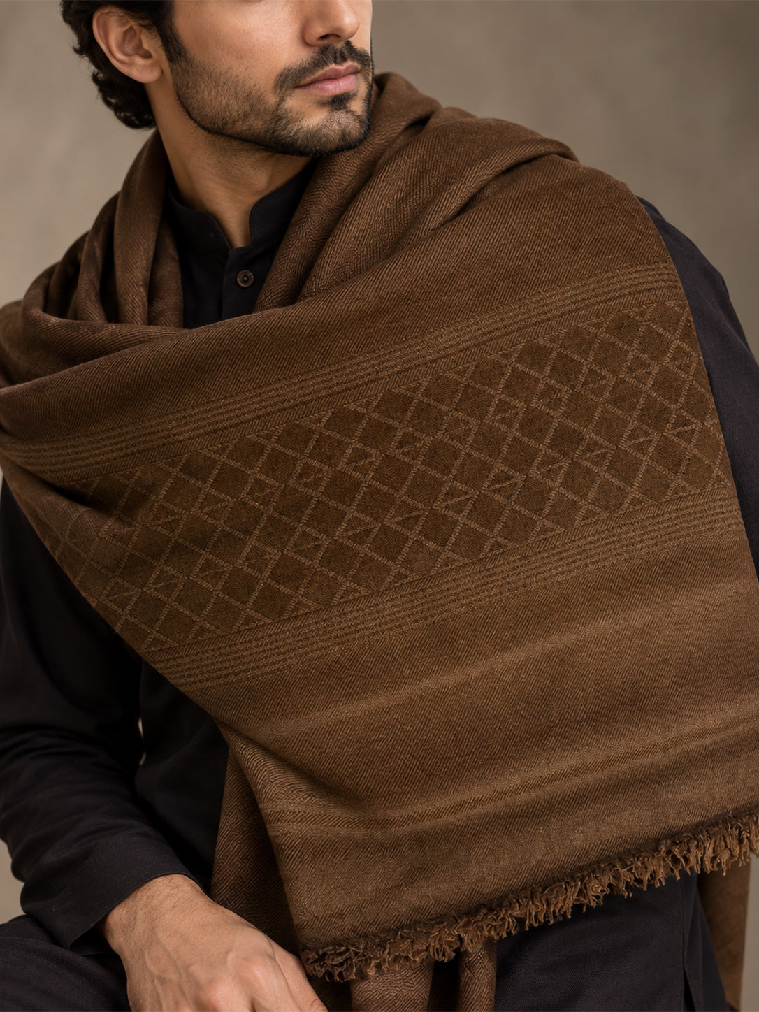 Miras Wool Men's Shawl Textured Geometric Border