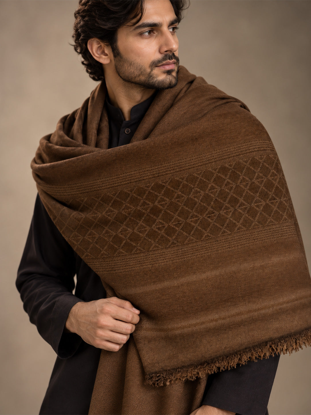 Miras Wool Men's Shawl Textured Geometric Border