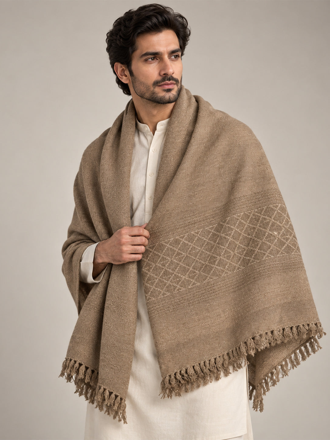 Miras Wool Men's Shawl Textured Geometric Border