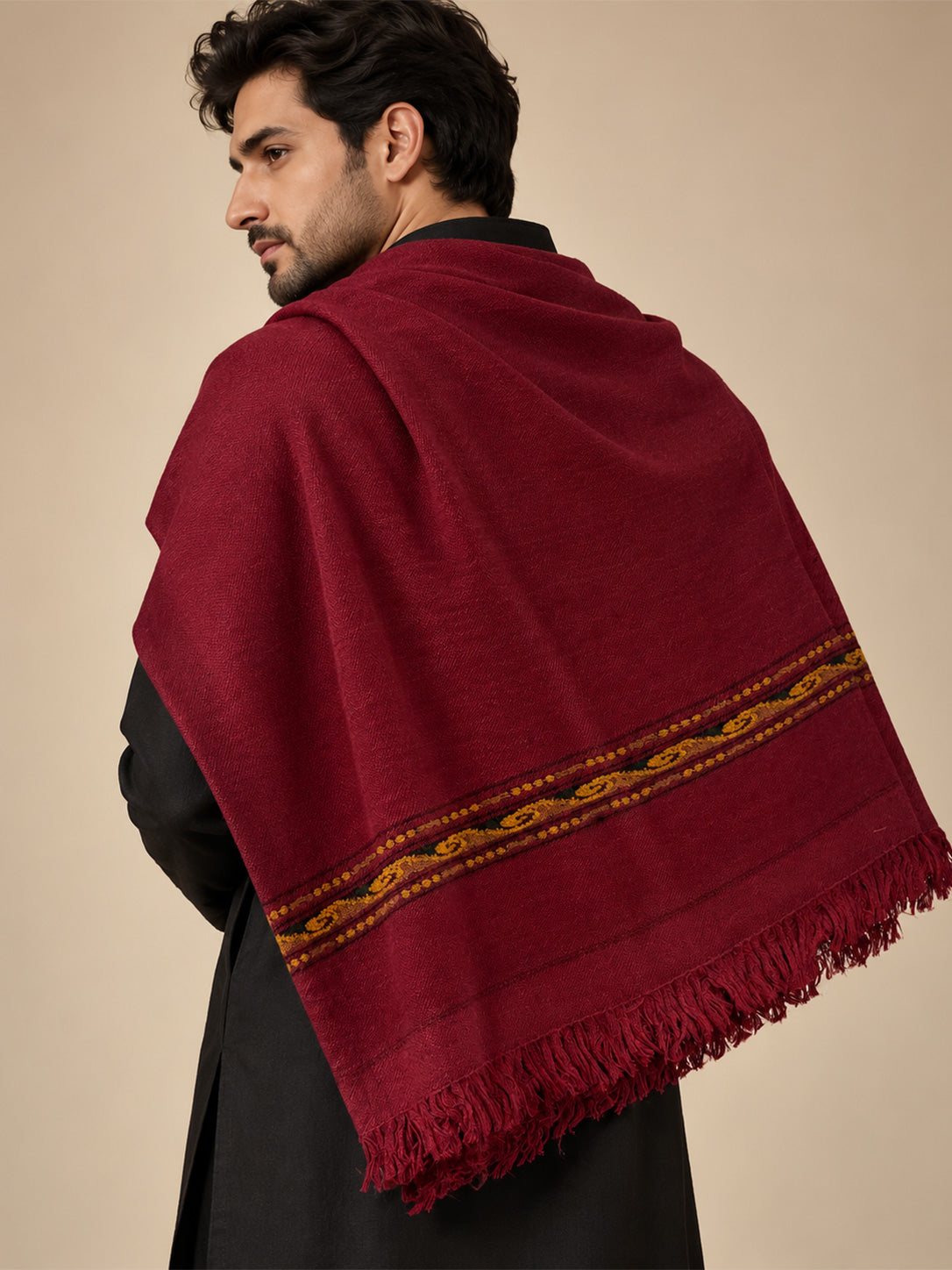 Afsana Wool Men's Shawl with Heritage Motif Border