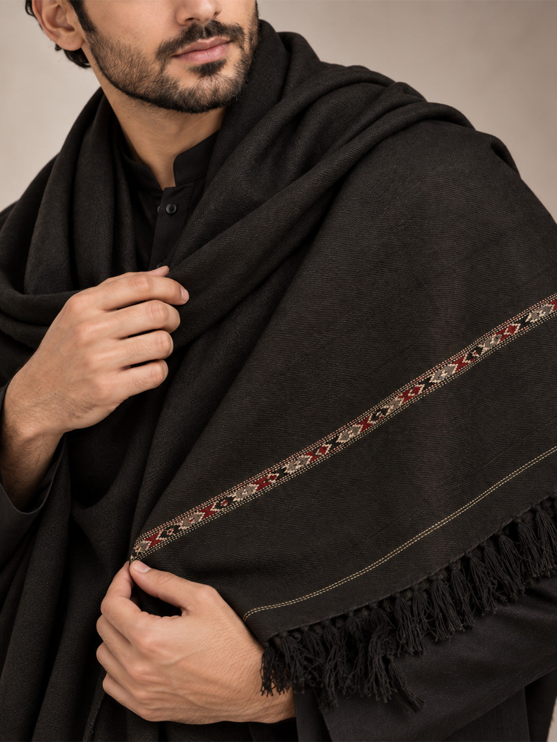 Tabeer Wool Men's Shawl with Traditional Motif Border
