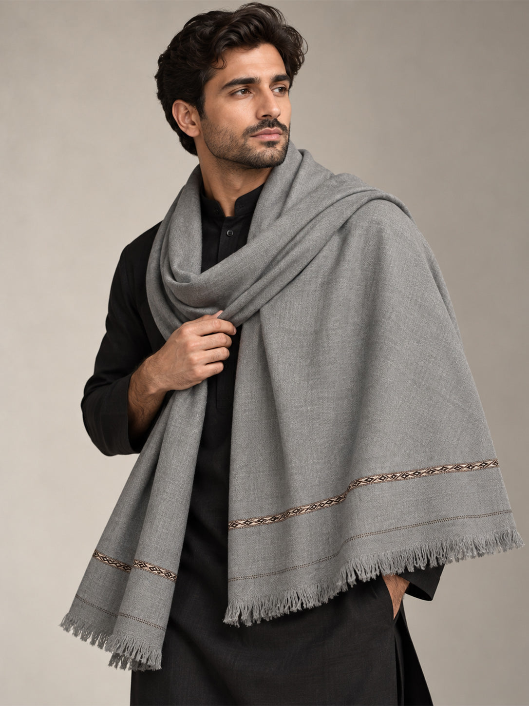 Hunar Men's Wool Shawl with Signature Geometric Border