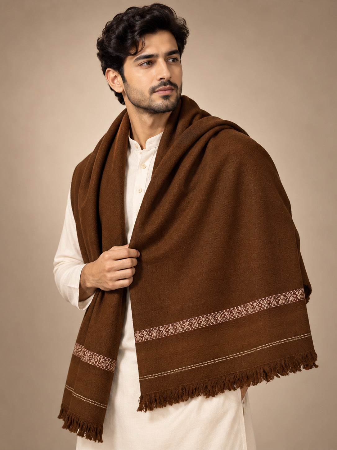 Qissa Men's Wool Shawl with Ornamental Woven Border
