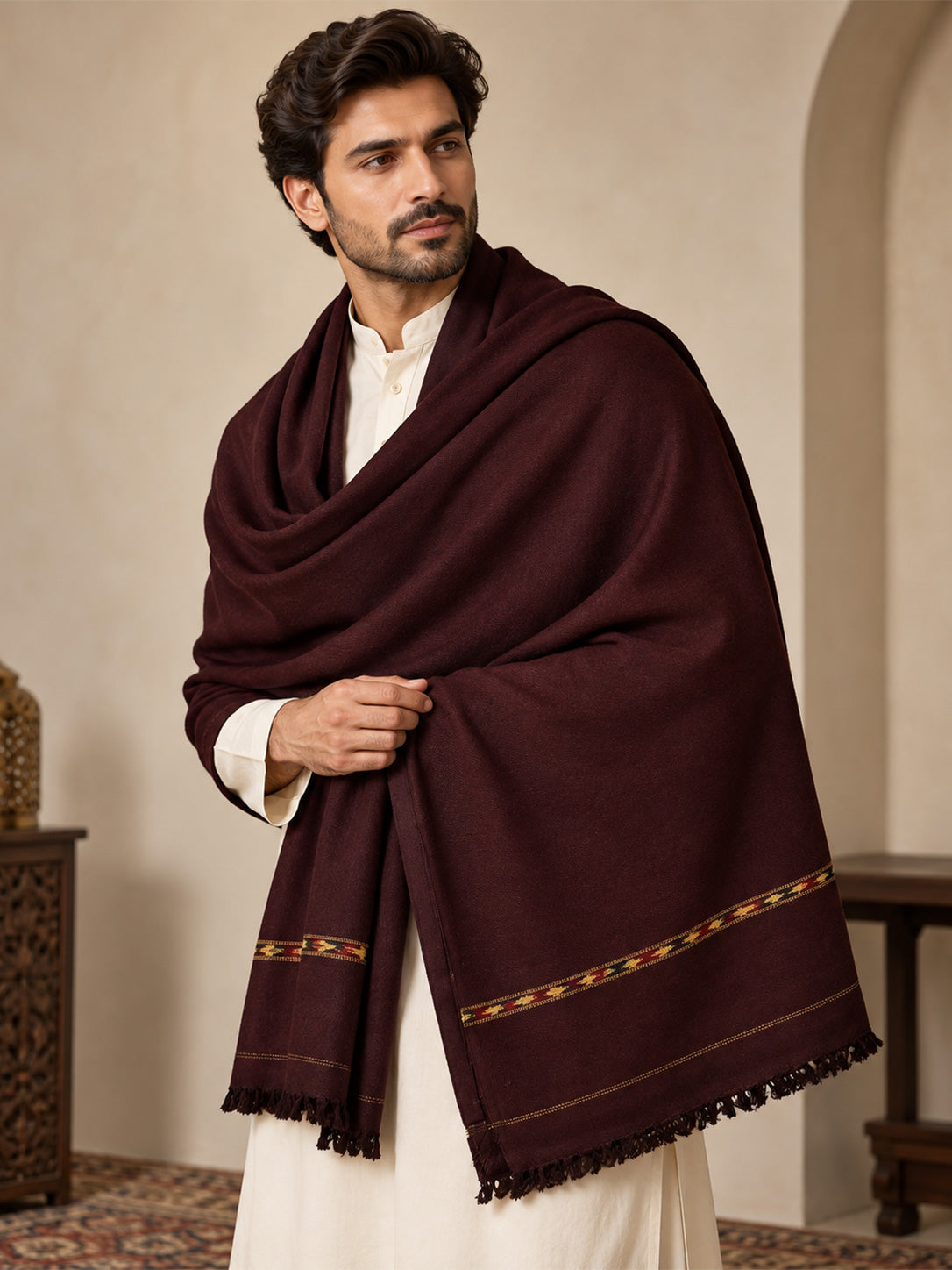 Mizaaj Men's Wool Shawl with Stripe Border