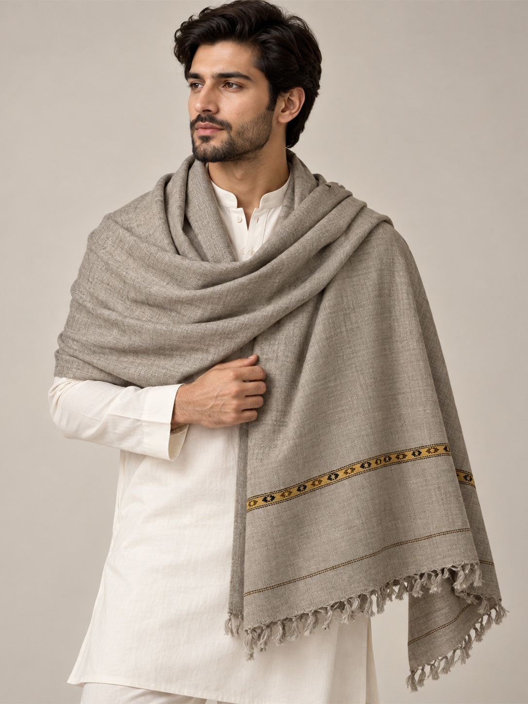 Tajdar Luxury Men's Wool Shawl with Woven Border