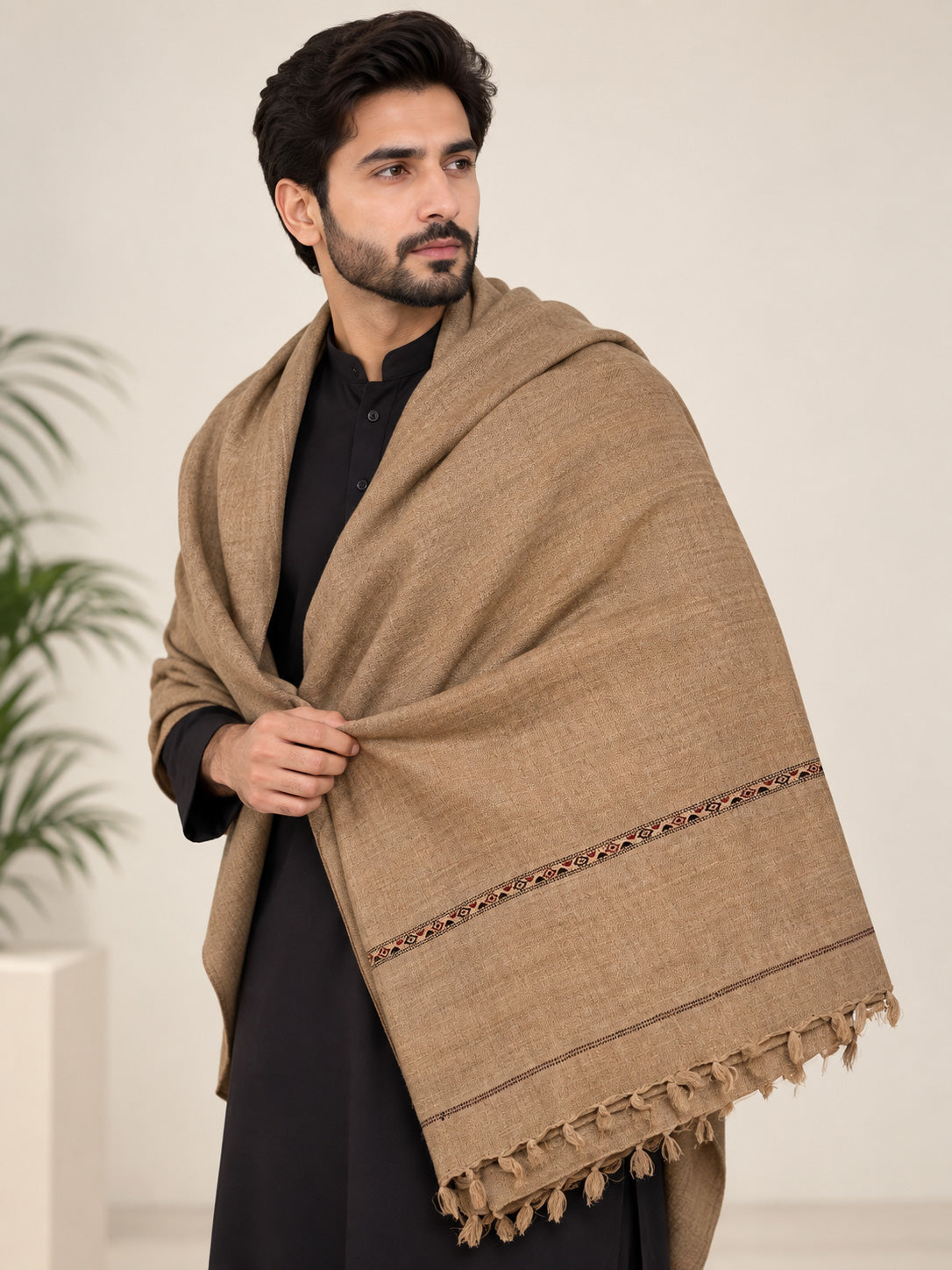 Tahzeeb Premium Men's Wool Shawl with Signature Border