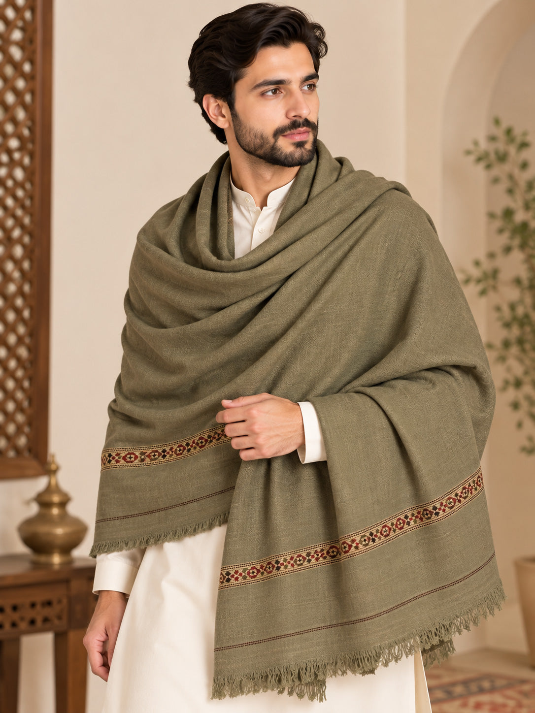 Gulraiz Men's Wool Shawl with Floral Motif Border