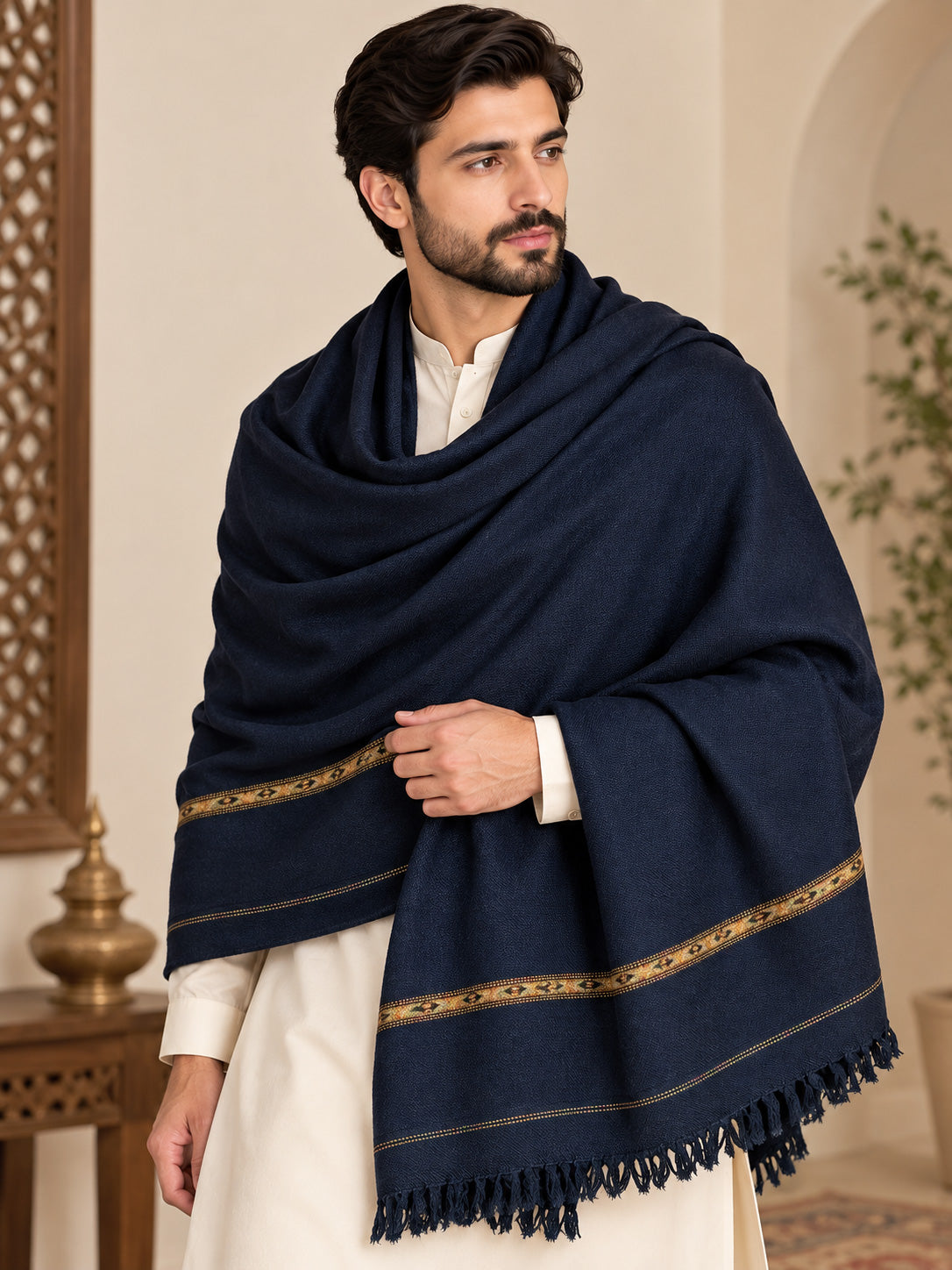 Zamaan Luxury Men's Wool Shawl with Golden Motif Border