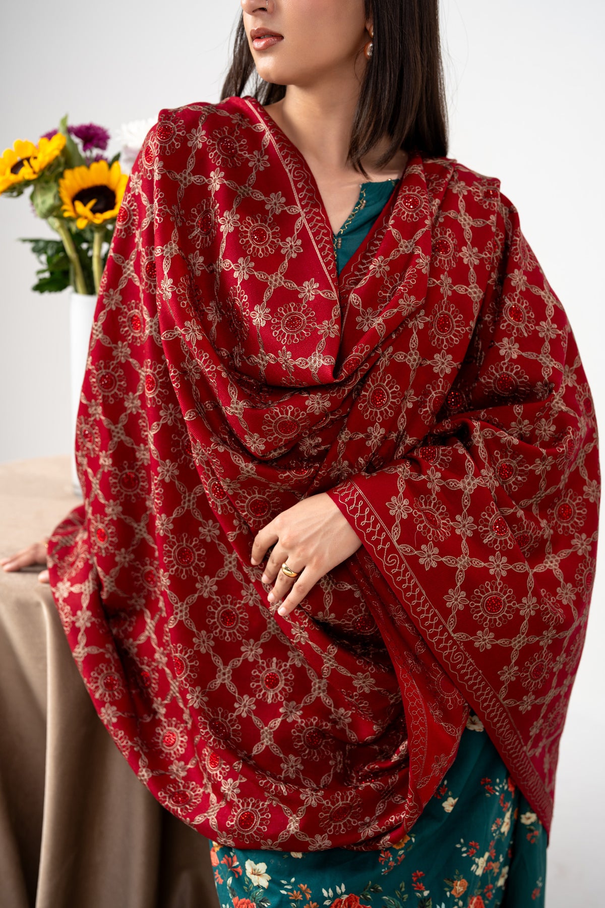 Gul-e-Shahnaaz Stone Embroidered Jaal Pashmina Shawl
