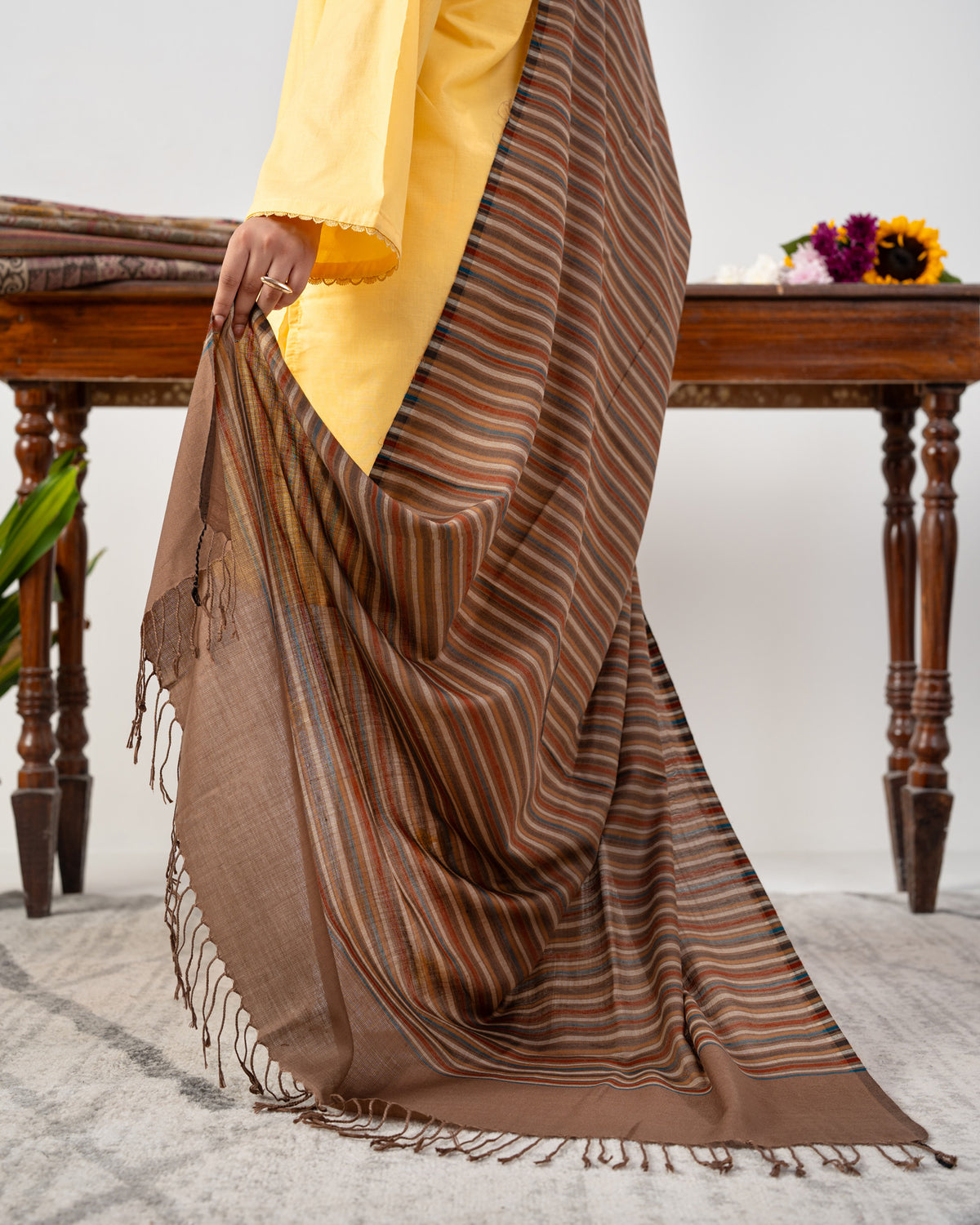 Dastaan Multicolour Striped Swati Wool Tassel Shawl