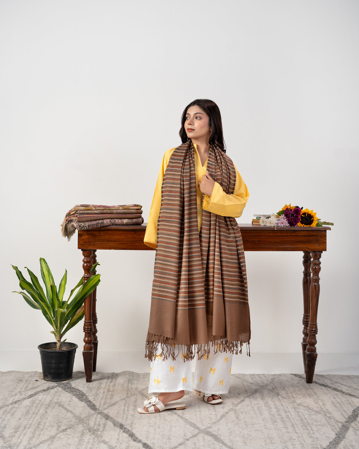 Dastaan Multicolour Striped Swati Wool Tassel Shawl