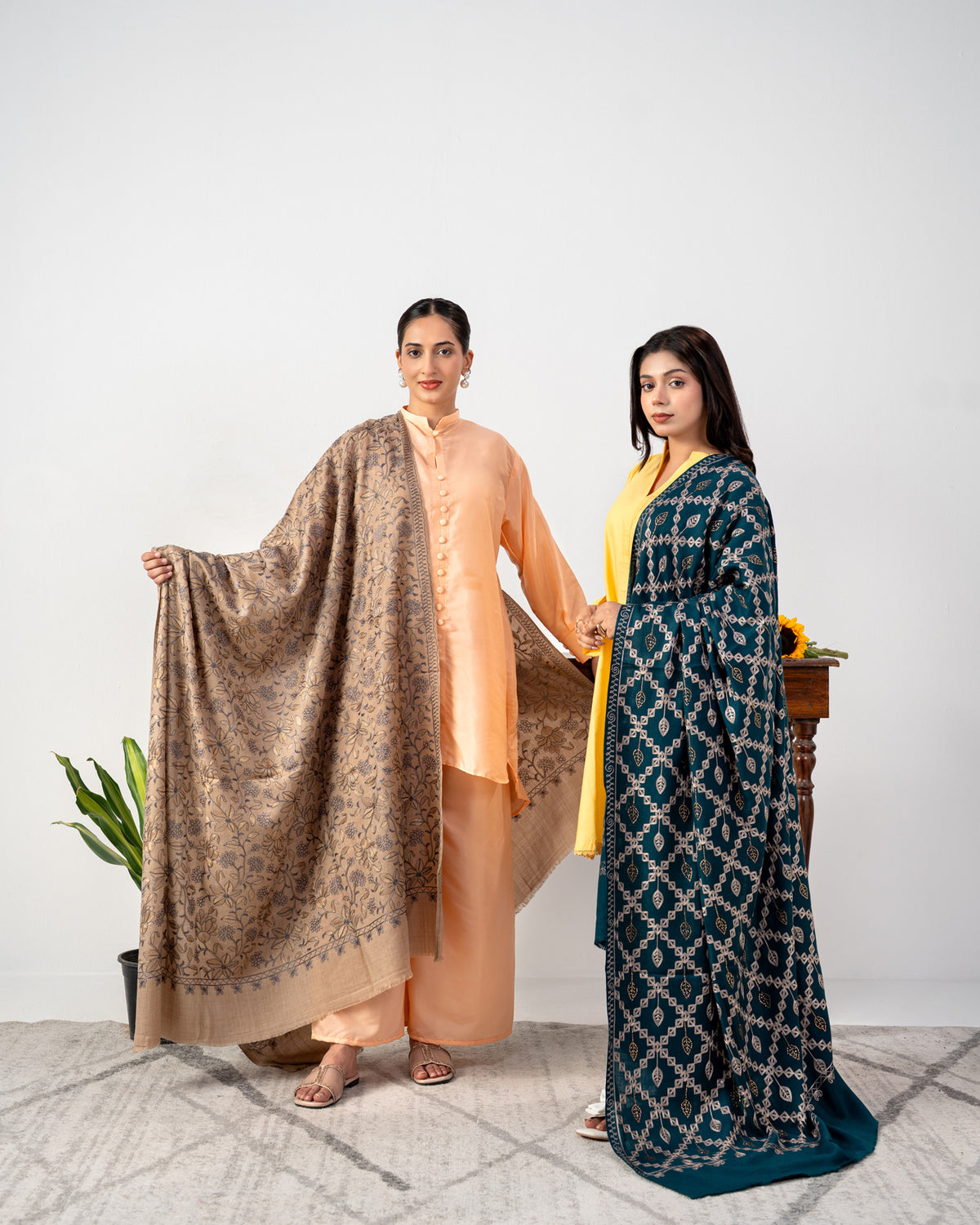 Premium Gold Stone Embroidered Jaal Pashmina Shawl