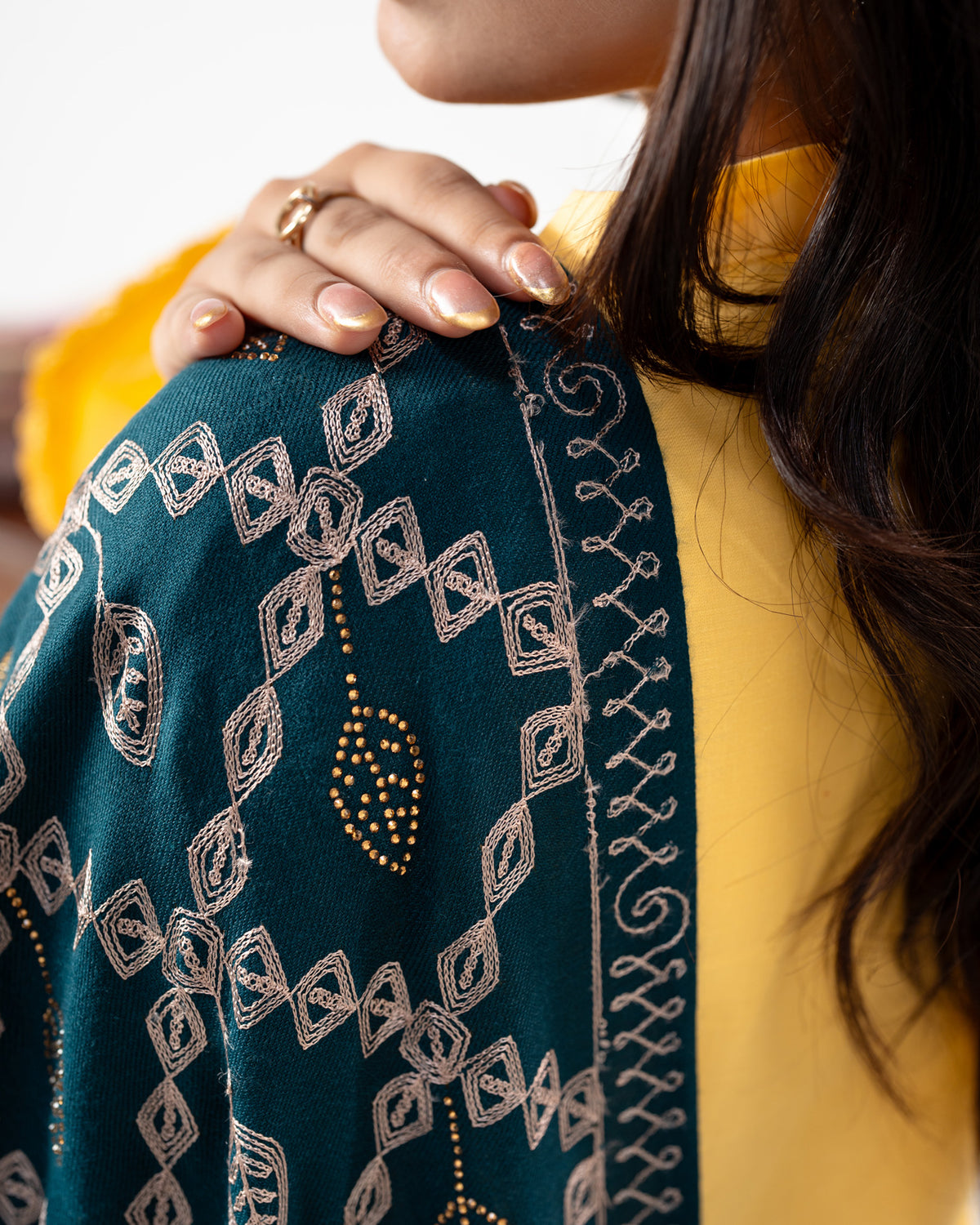 Premium Gold Stone Embroidered Jaal Pashmina Shawl