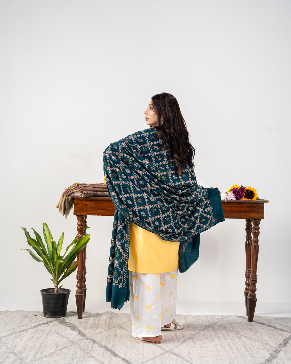 Premium Gold Stone Embroidered Jaal Pashmina Shawl