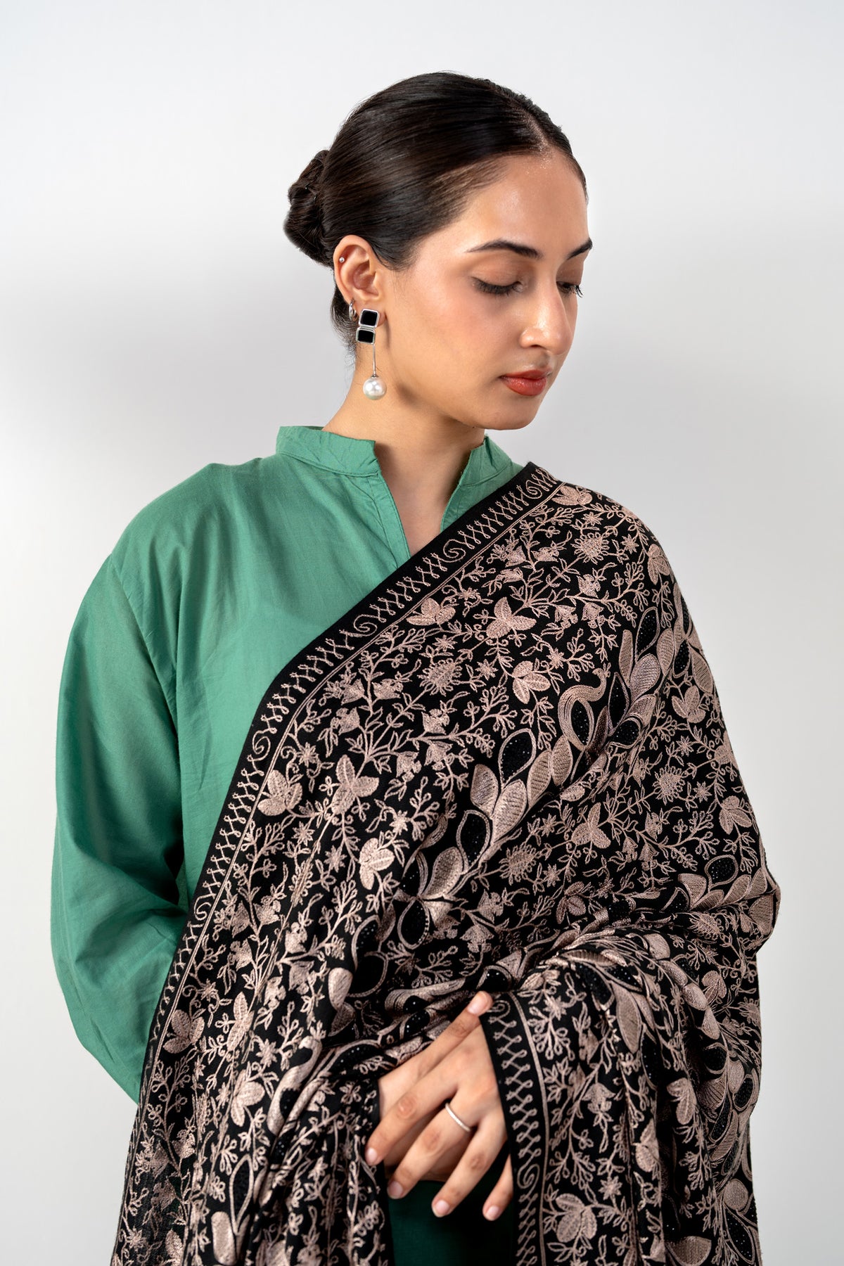 Naqqash Signature Floral Jaal Embroidered & Stonework Pashmina Shawl