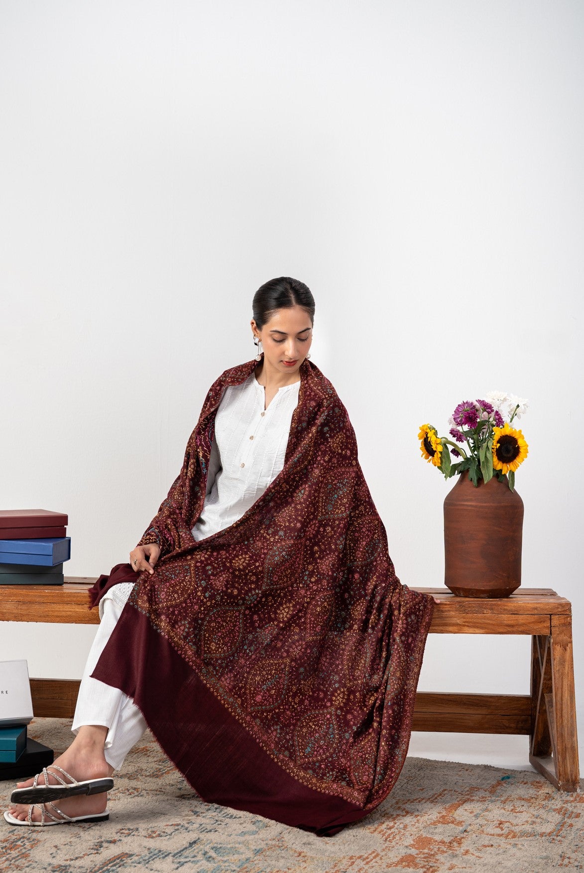 Rang-e-Riwaayat Handmade Sui Needle Work Jaal Pashmina Shawl