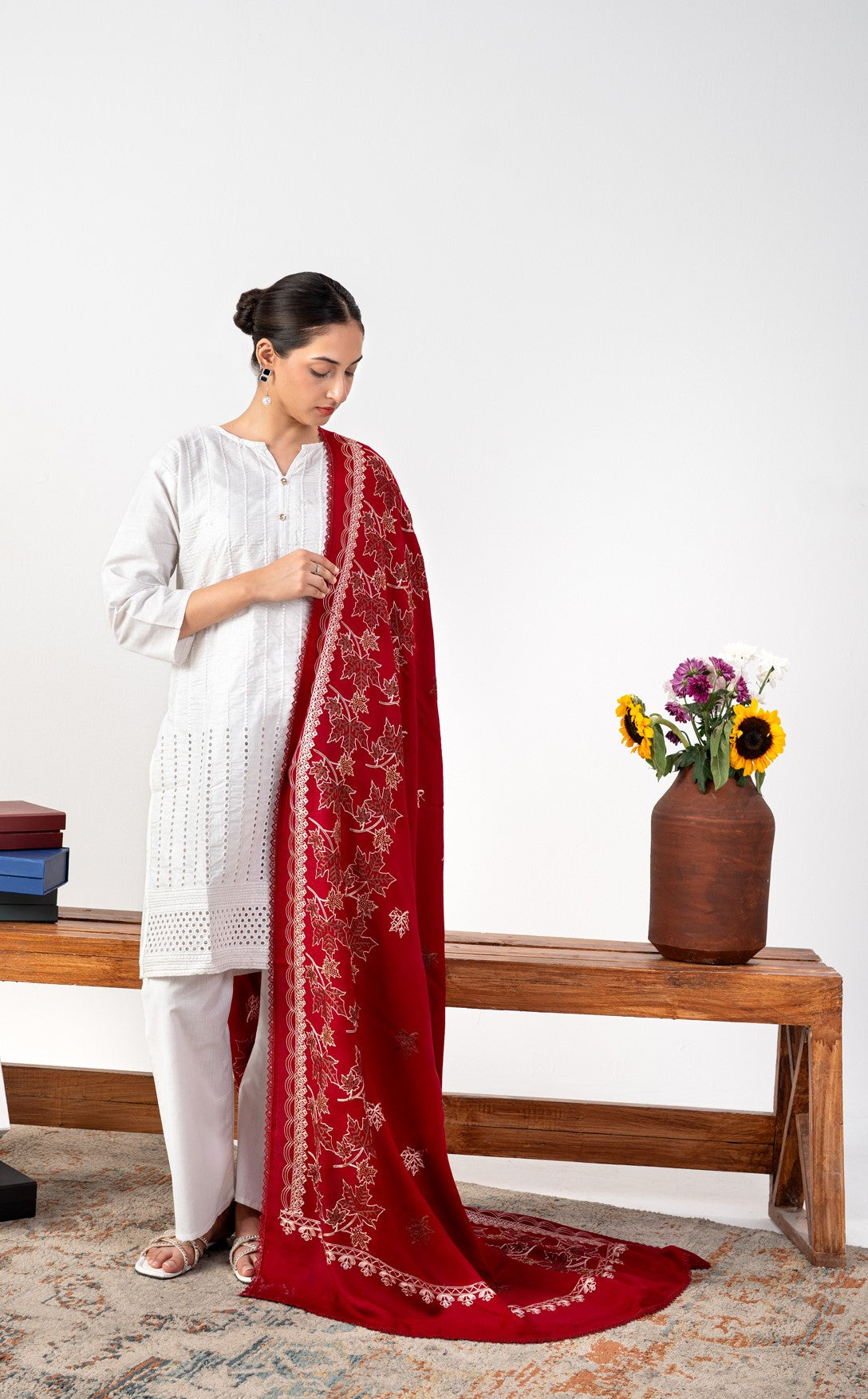 Signature Embroidered Border Pashmina Shawl with Golden Stone & Four Side Lace