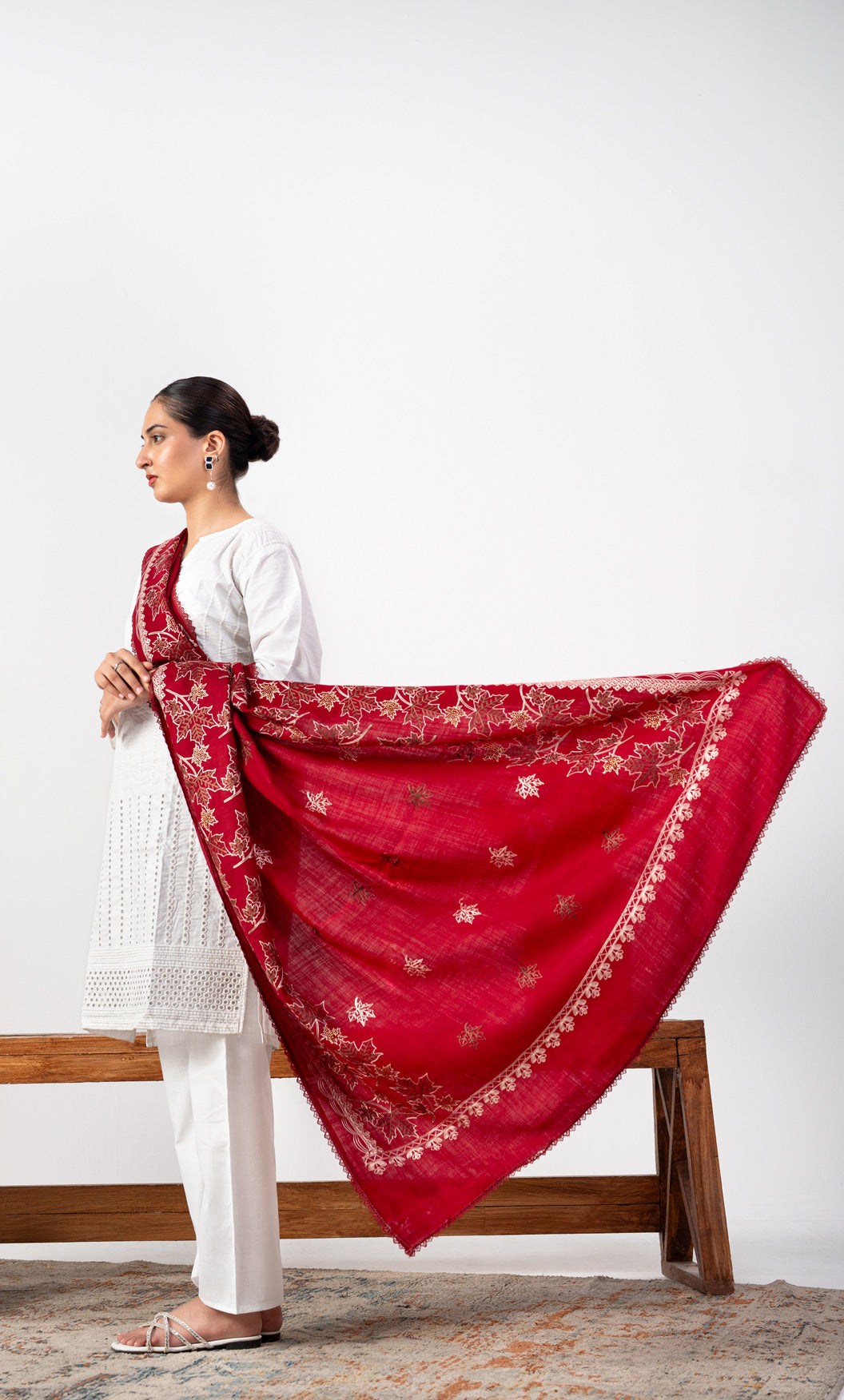 Signature Embroidered Border Pashmina Shawl with Golden Stone & Four Side Lace