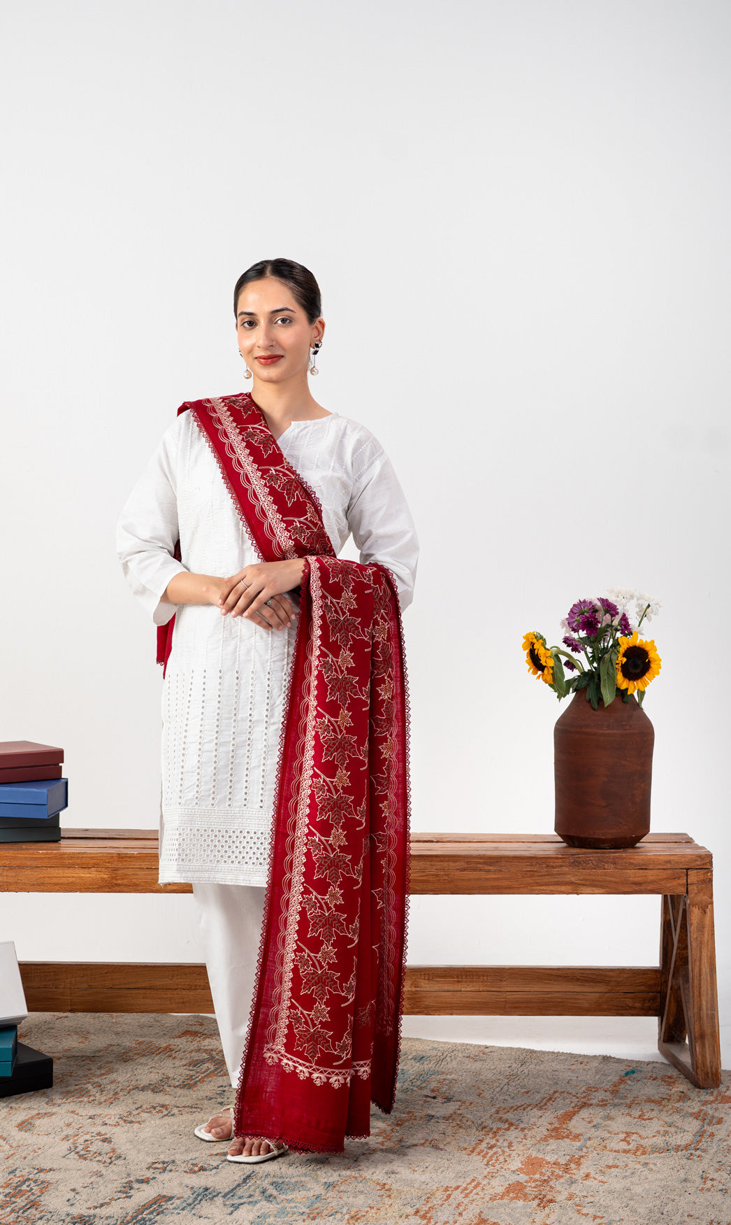 Signature Embroidered Border Pashmina Shawl with Golden Stone & Four Side Lace