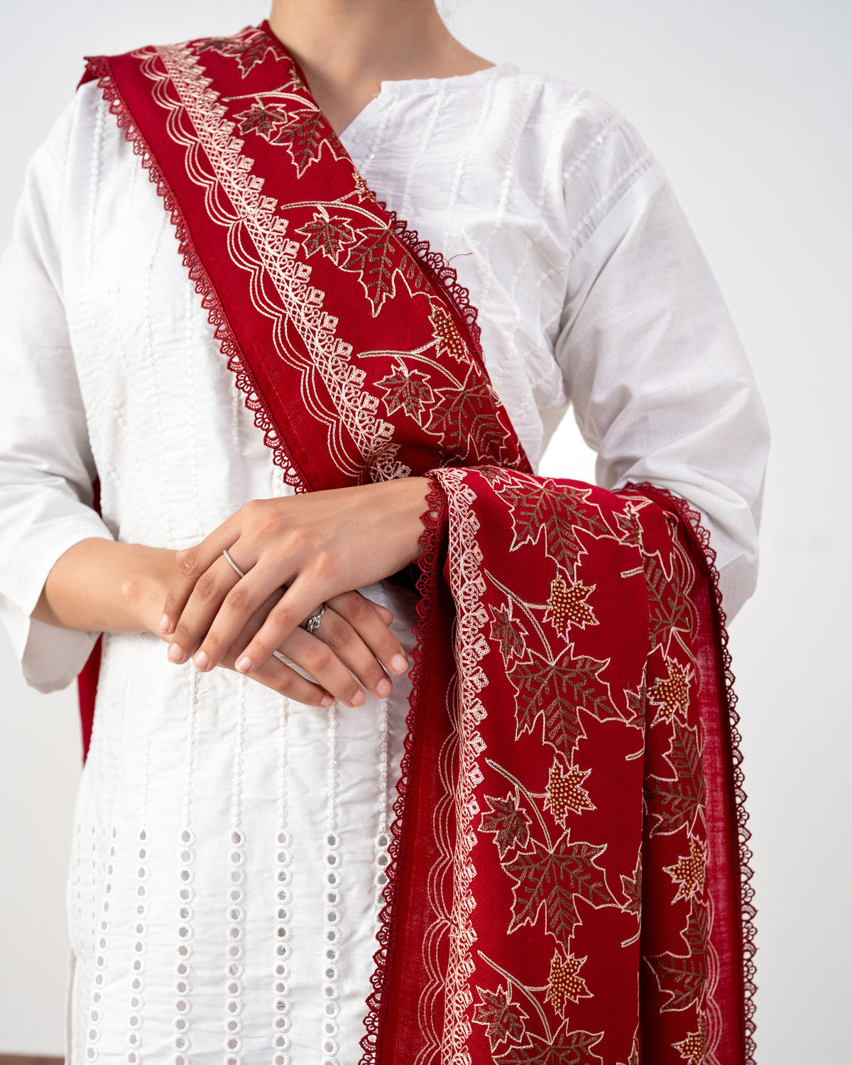 Signature Embroidered Border Pashmina Shawl with Golden Stone & Four Side Lace