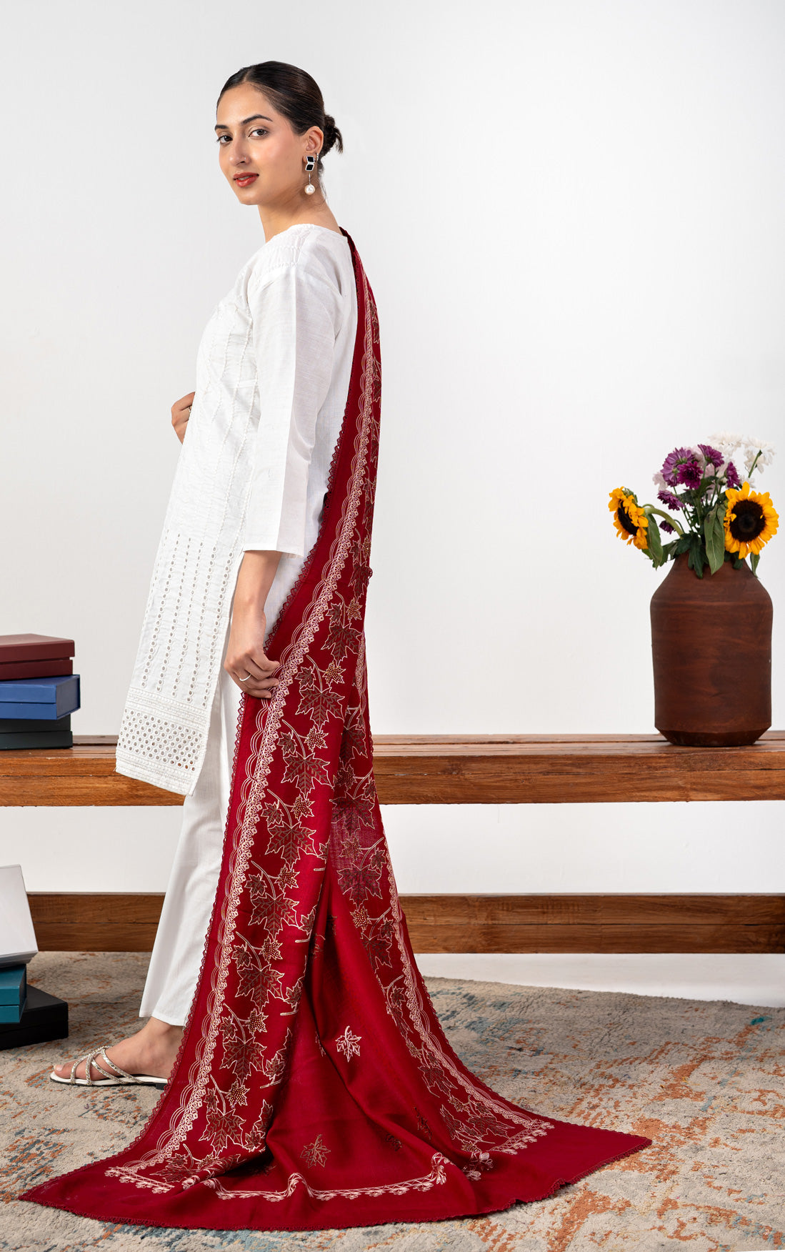 Signature Embroidered Border Pashmina Shawl with Golden Stone & Four Side Lace