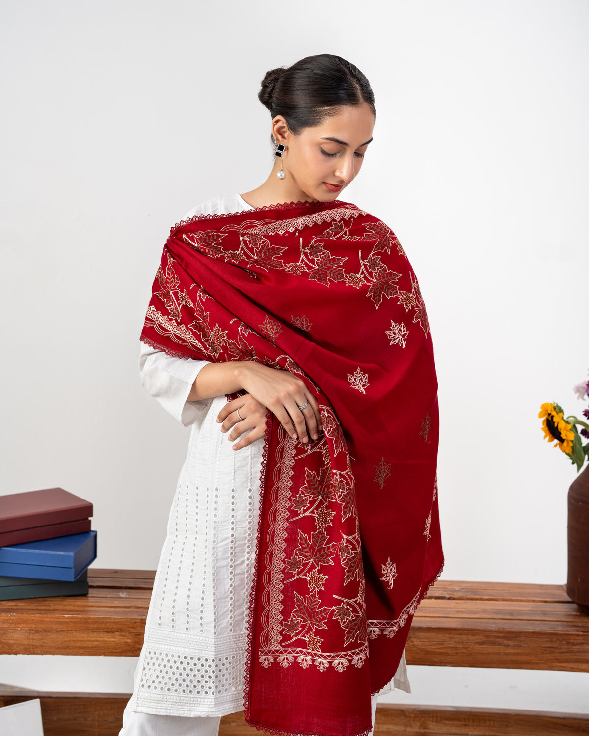 Signature Embroidered Border Pashmina Shawl with Golden Stone & Four Side Lace