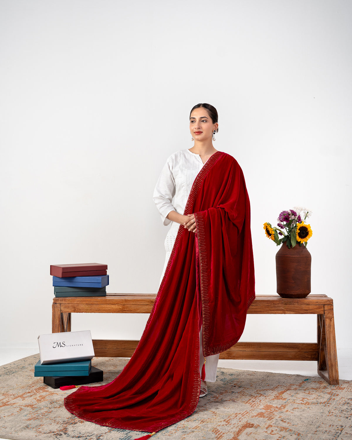 Vespera Geometric Stone Border Velvet Shawl