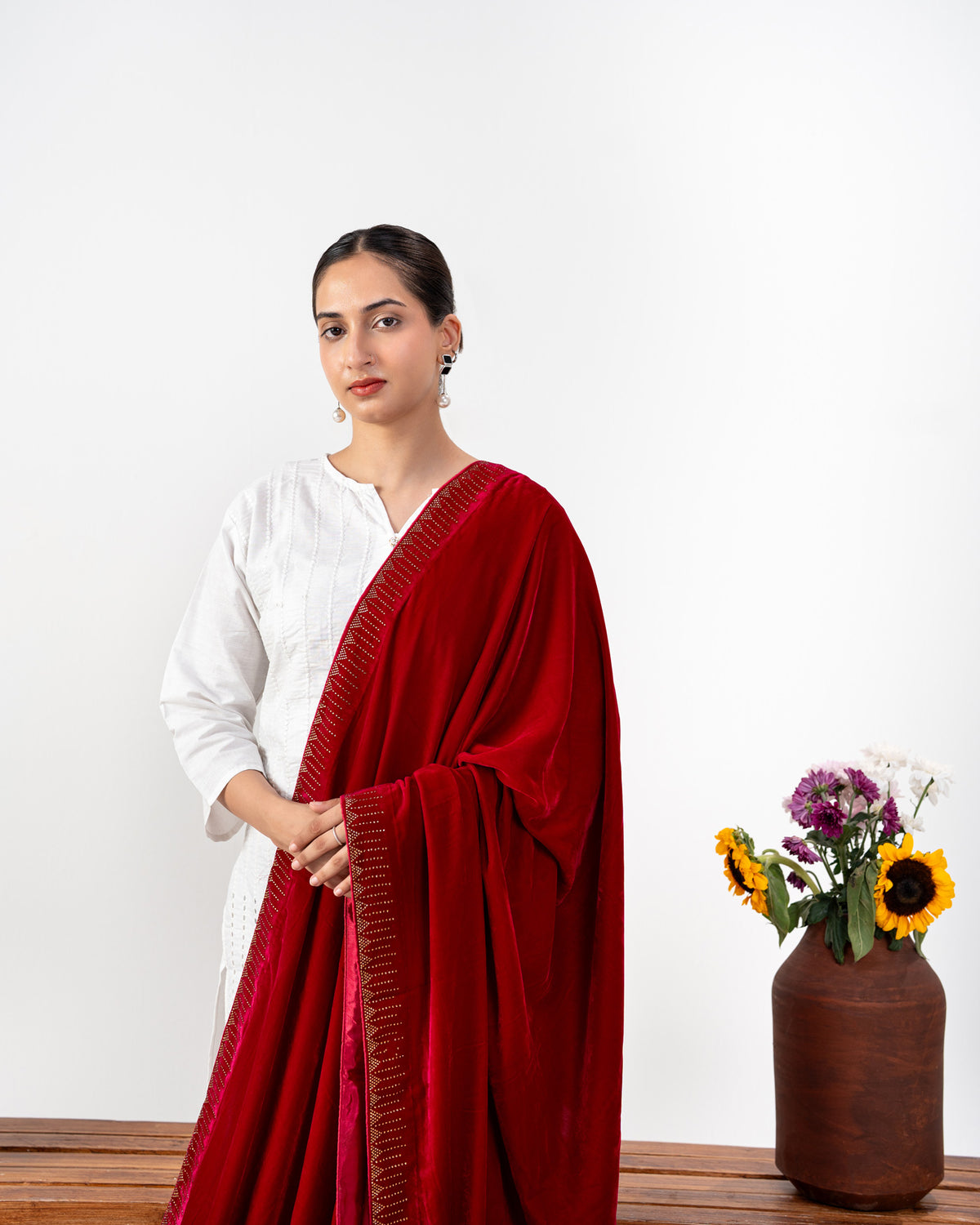 Vespera Geometric Stone Border Velvet Shawl