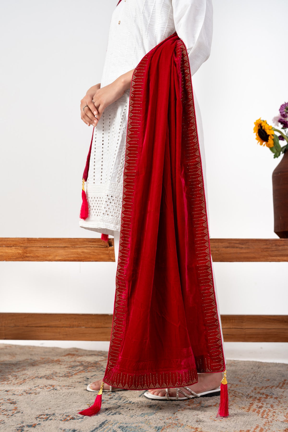 Vespera Geometric Stone Border Velvet Shawl