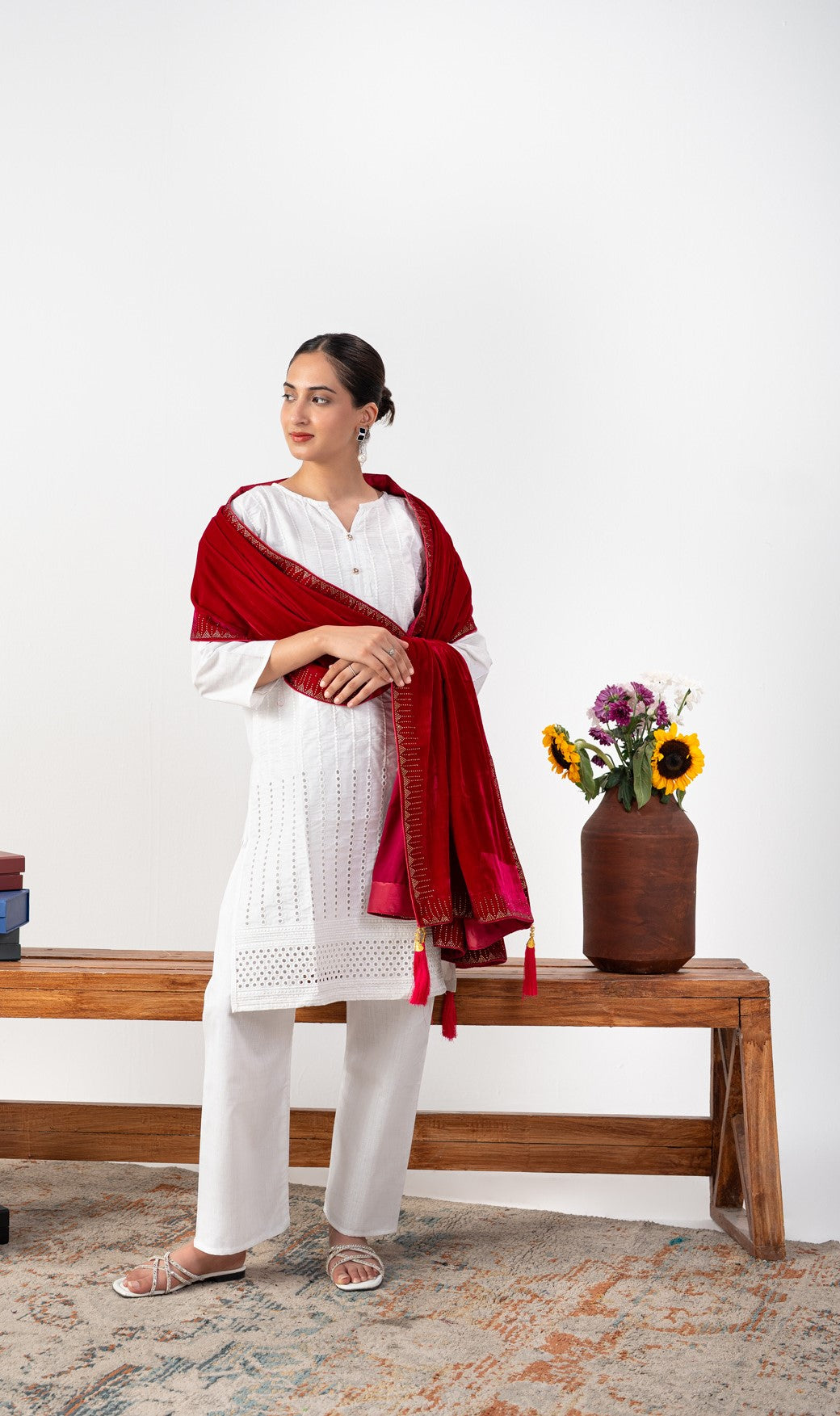 Vespera Geometric Stone Border Velvet Shawl