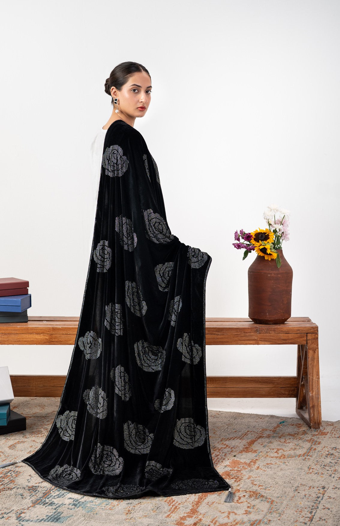 Elara Rose Motif Stone-Embellished Velvet Shawl