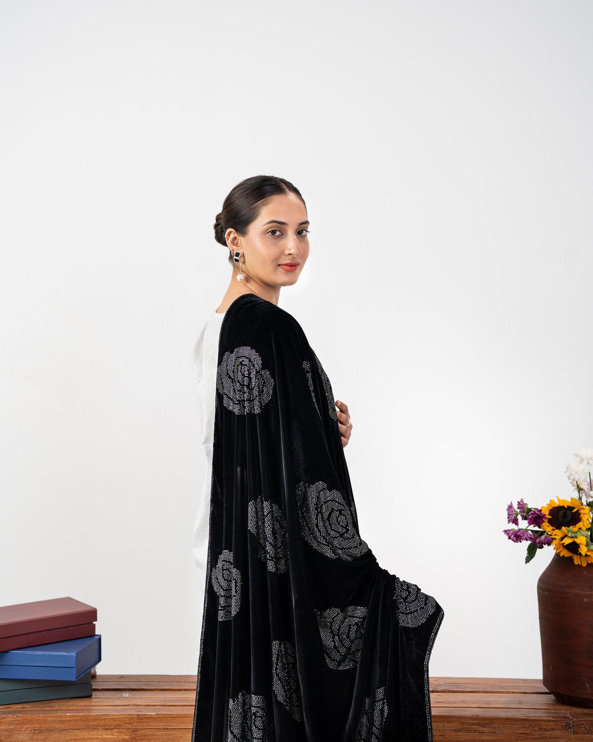 Elara Rose Motif Stone-Embellished Velvet Shawl