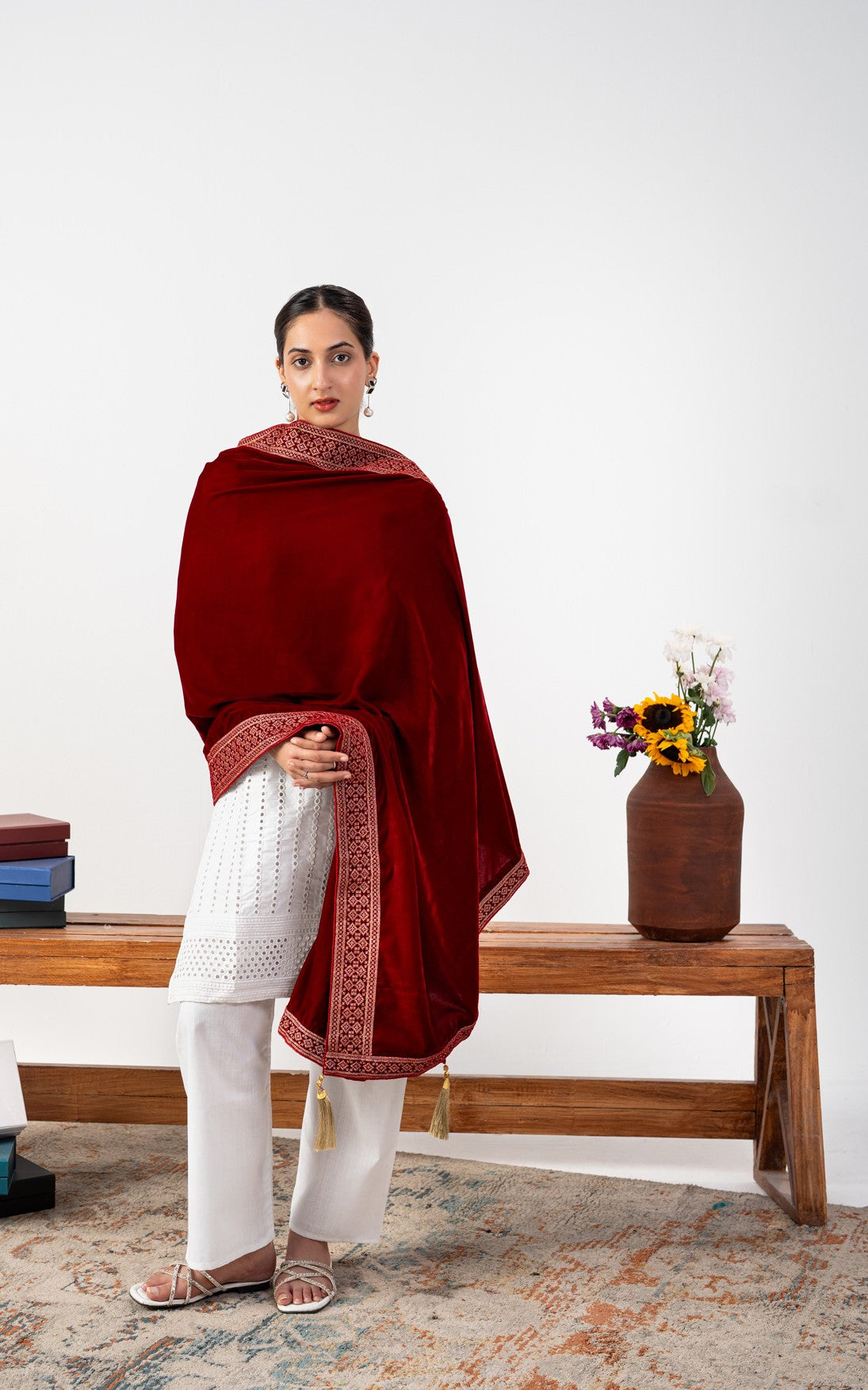 Clarisse Embroidered Border Velvet Shawl
