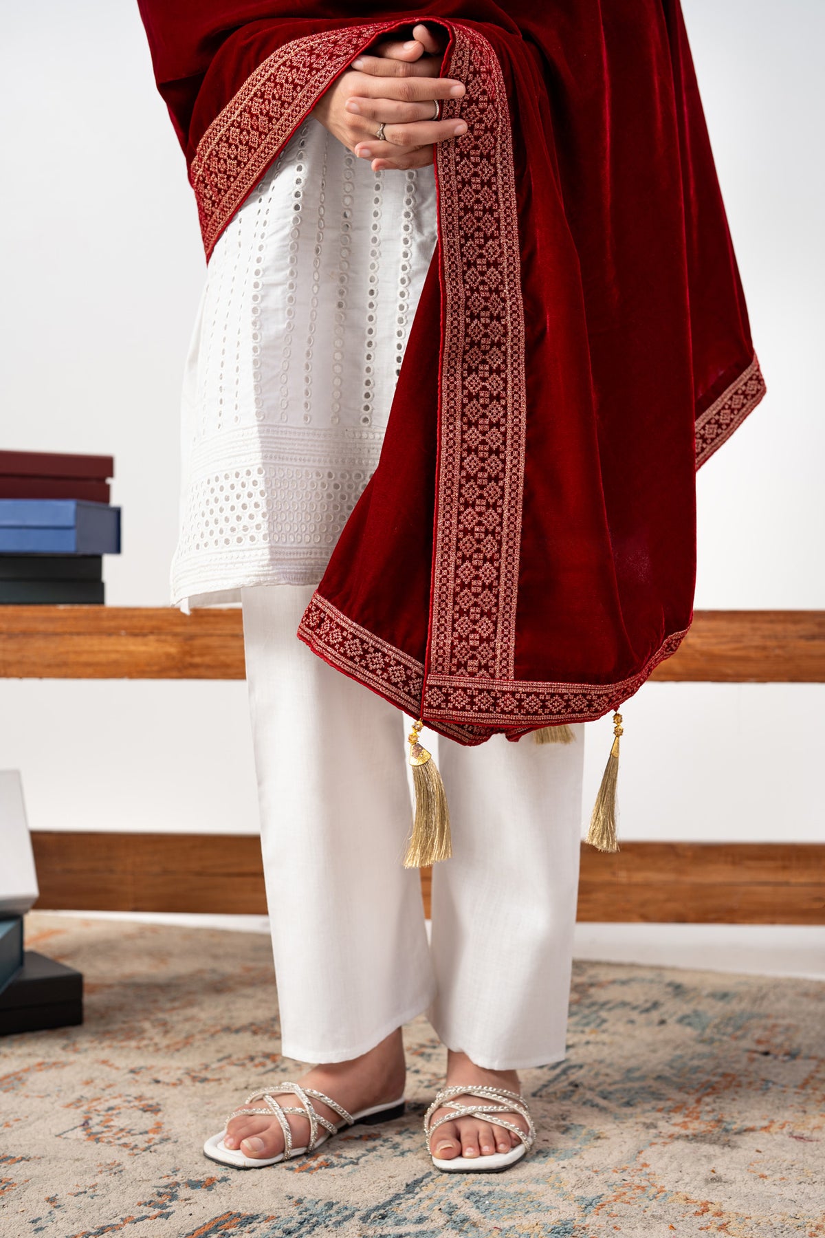 Clarisse Embroidered Border Velvet Shawl