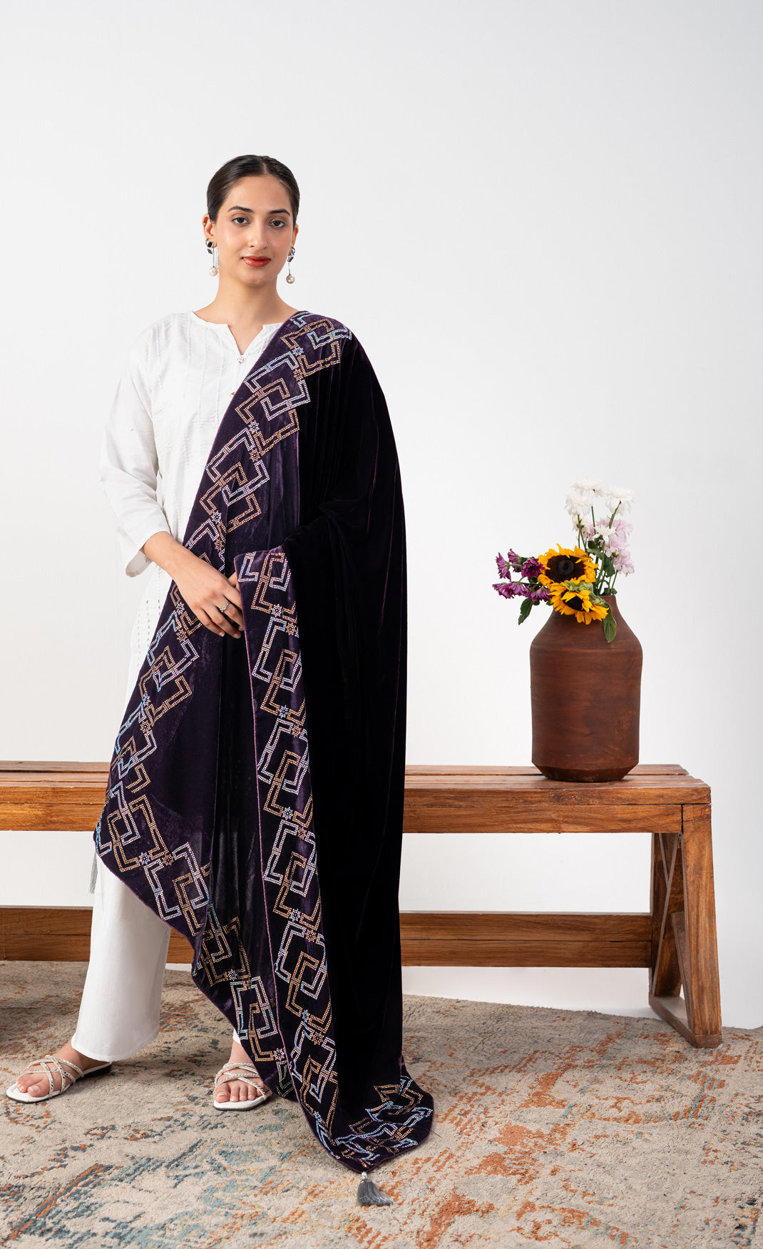 Verona Bridal Velvet Shawl with Geometric Stonework Border