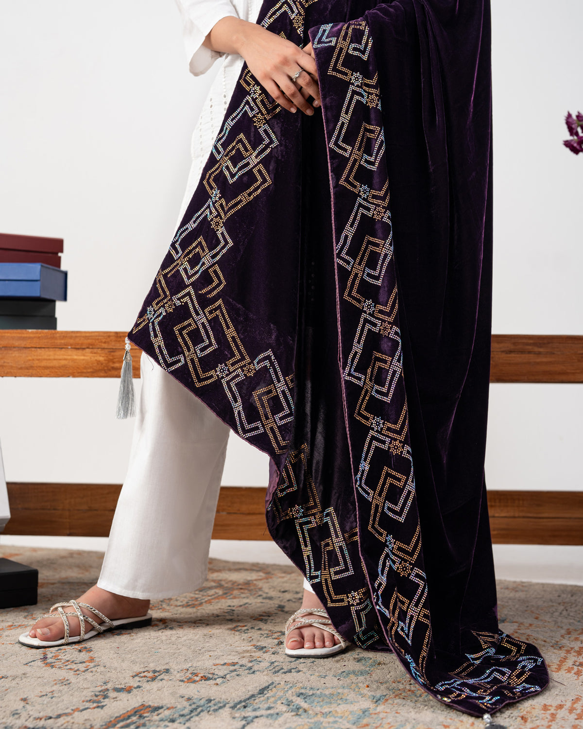 Verona Bridal Velvet Shawl with Geometric Stonework Border
