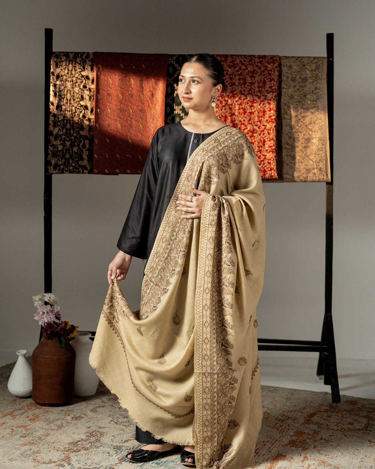 Ainaara Luxe Floral Border & Golden Stone Pashmina Shawl