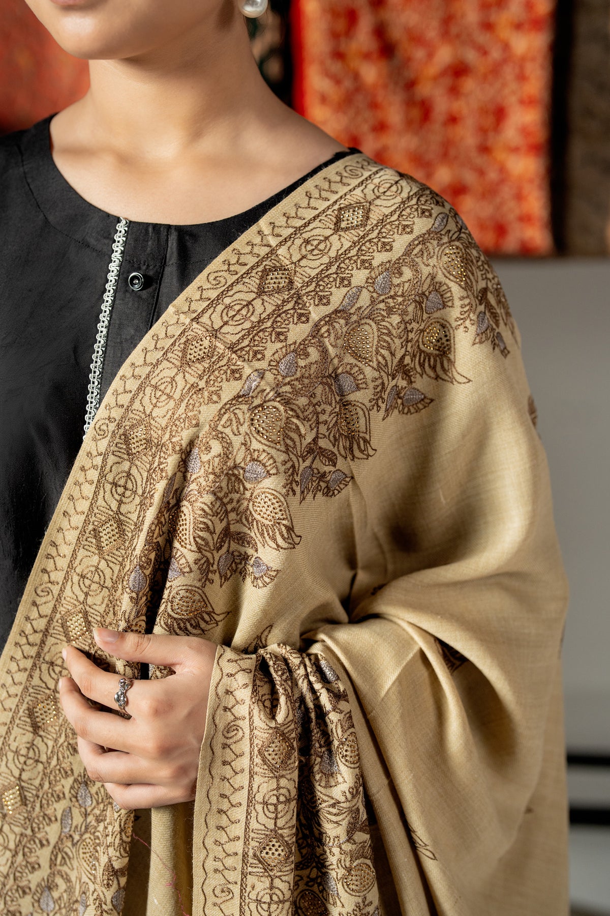Ainaara Luxe Floral Border & Golden Stone Pashmina Shawl