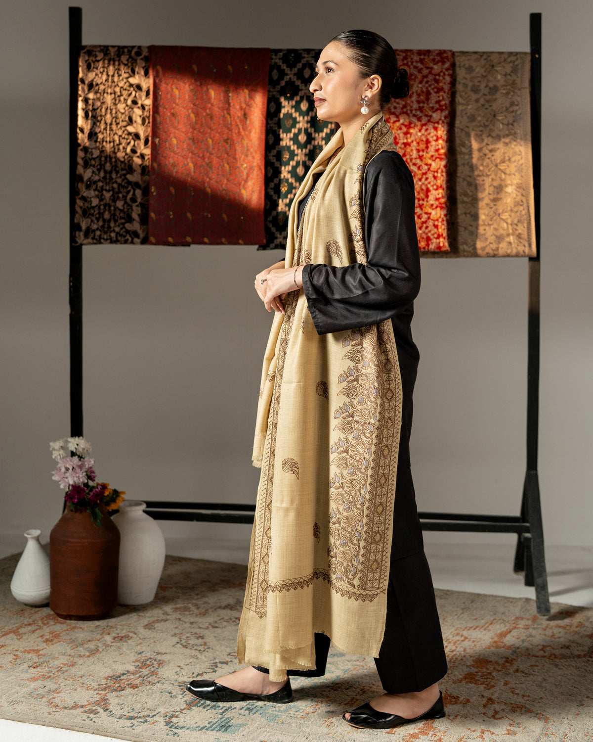 Ainaara Luxe Floral Border & Golden Stone Pashmina Shawl