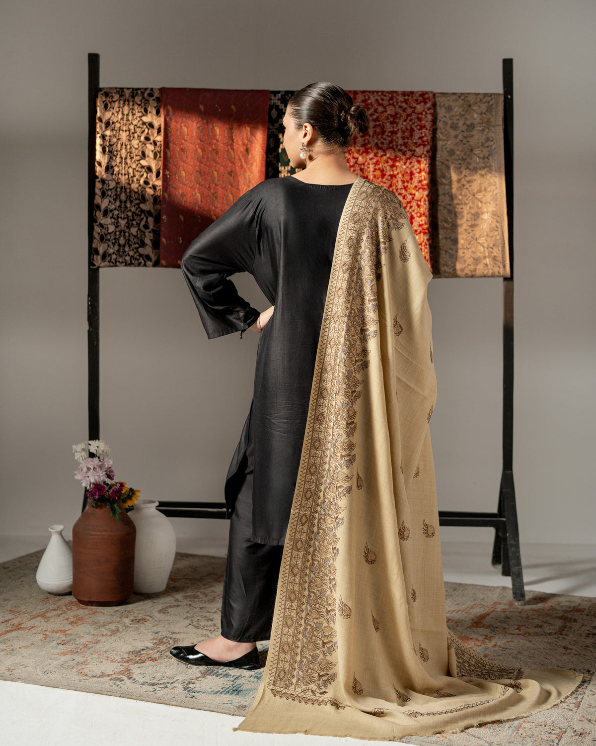 Ainaara Luxe Floral Border & Golden Stone Pashmina Shawl