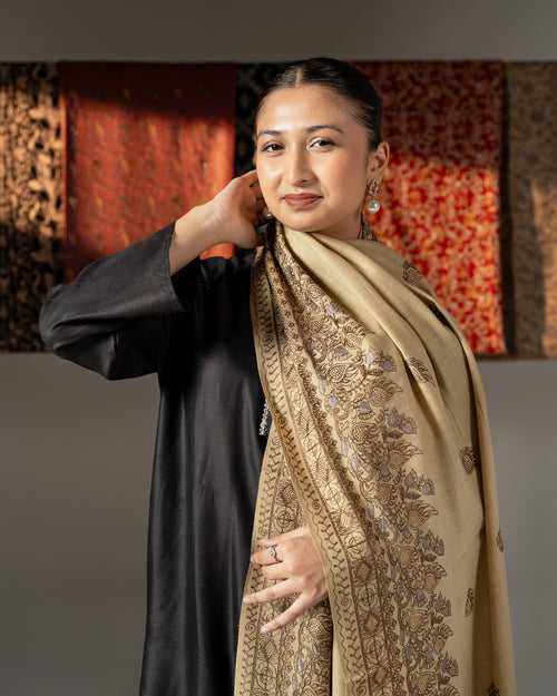 Ainaara Luxe Floral Border & Golden Stone Pashmina Shawl