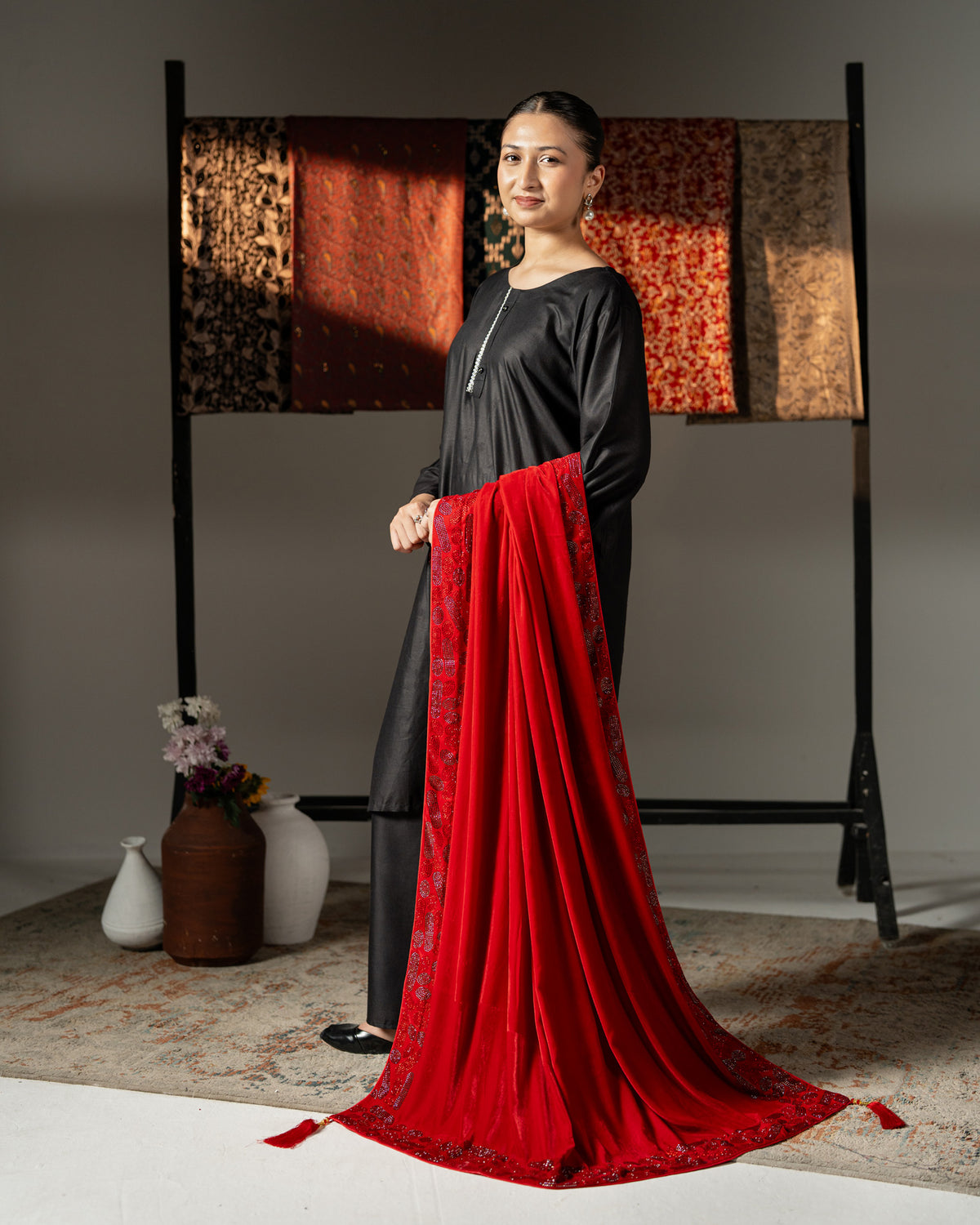 Liyana Bridal Velvet Shawl with Ornate Stonework Border