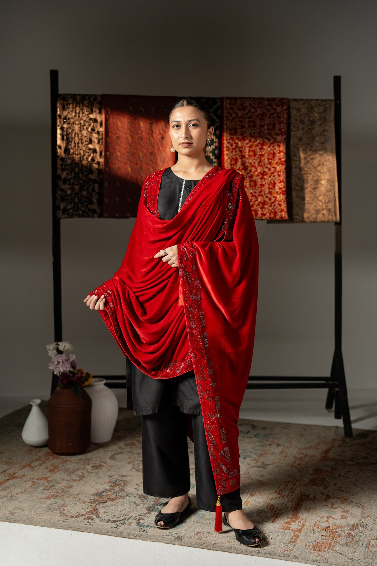 Liyana Bridal Velvet Shawl with Ornate Stonework Border