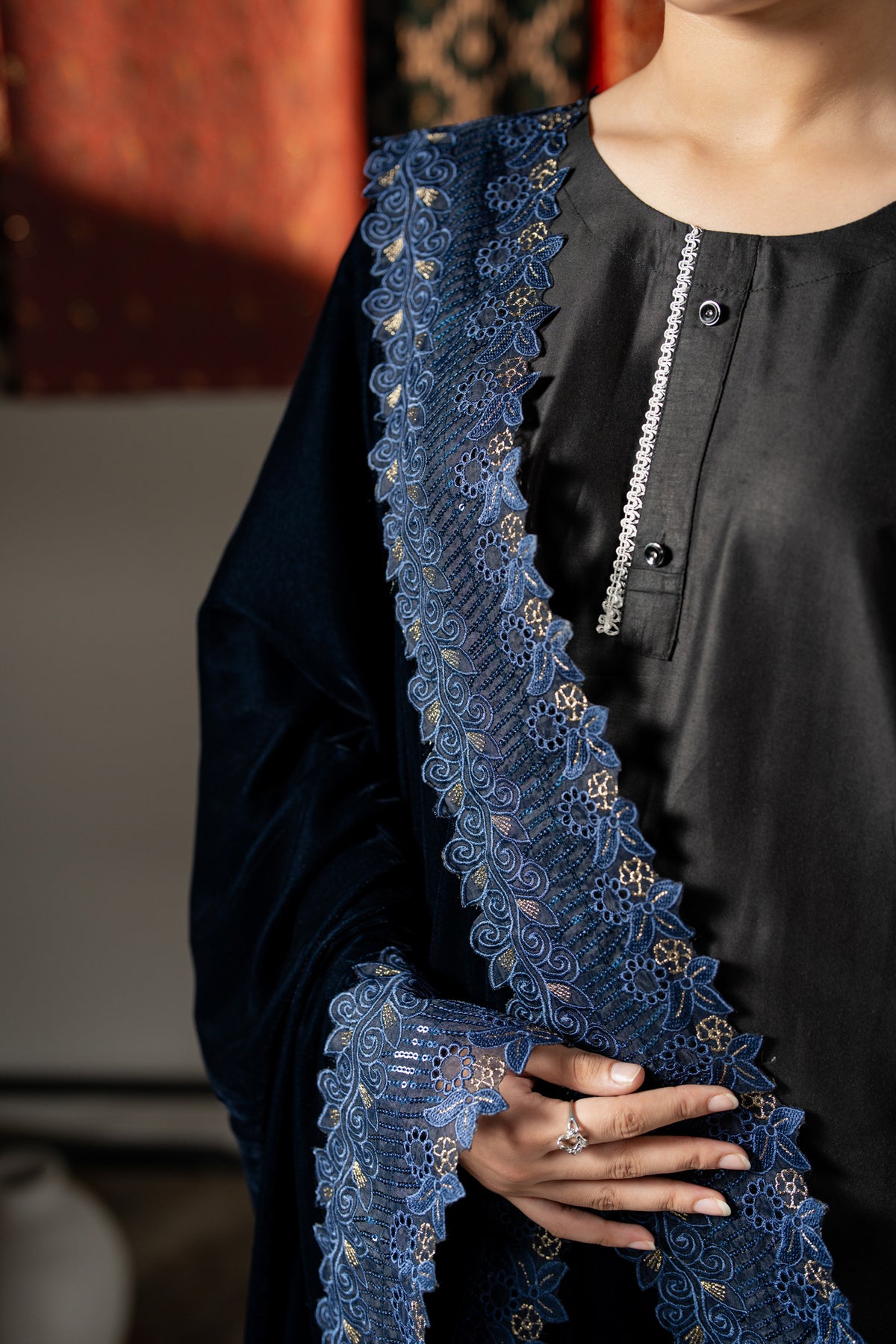 Bridal Velvet Shawl with Scalloped Floral Lace