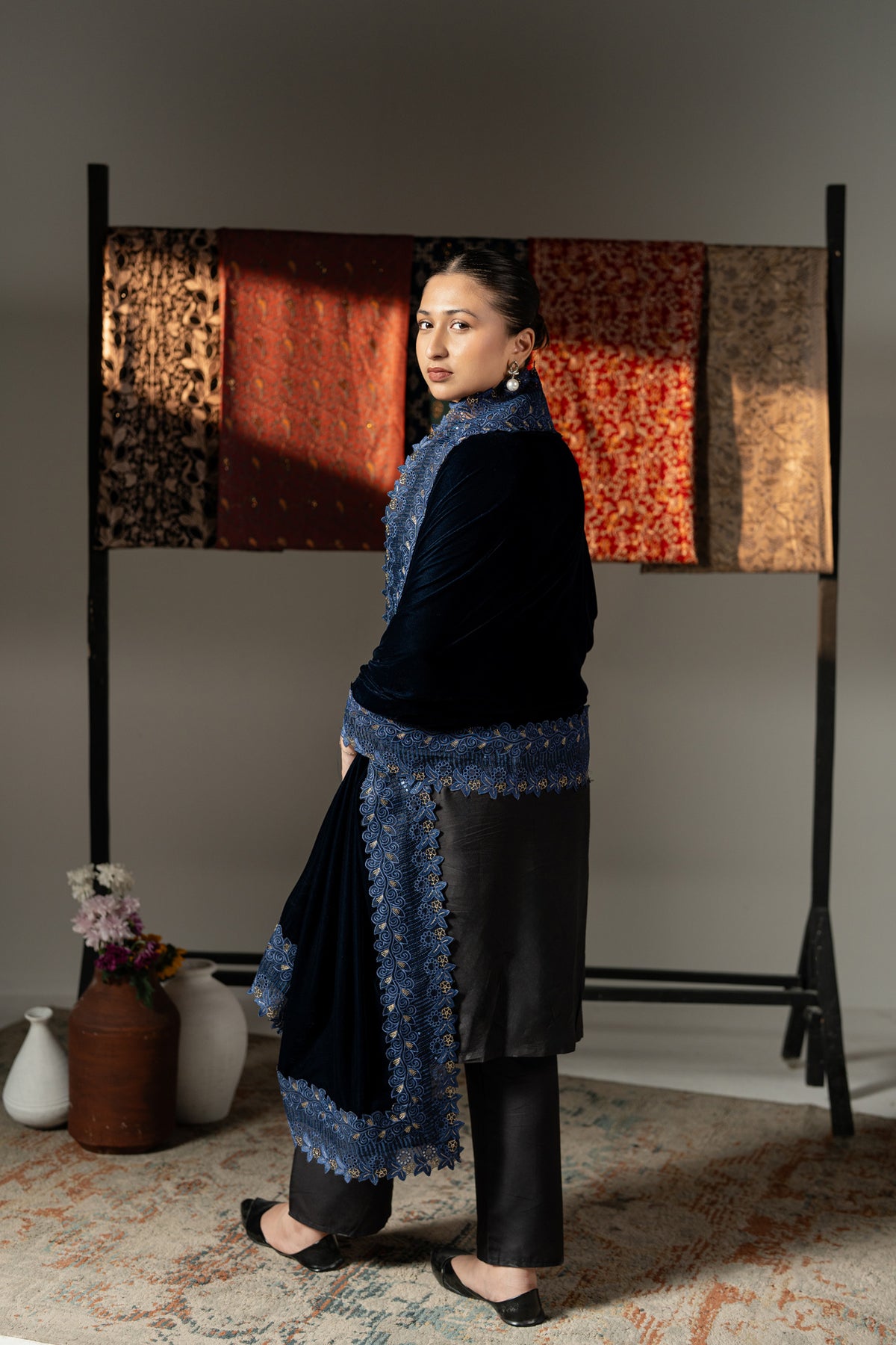 Bridal Velvet Shawl with Scalloped Floral Lace