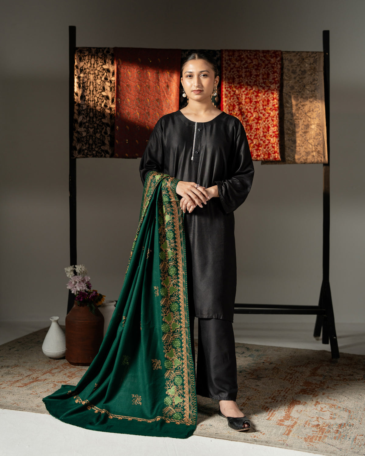 Abeer Floral Vine Border Embroidered Pashmina Shawl