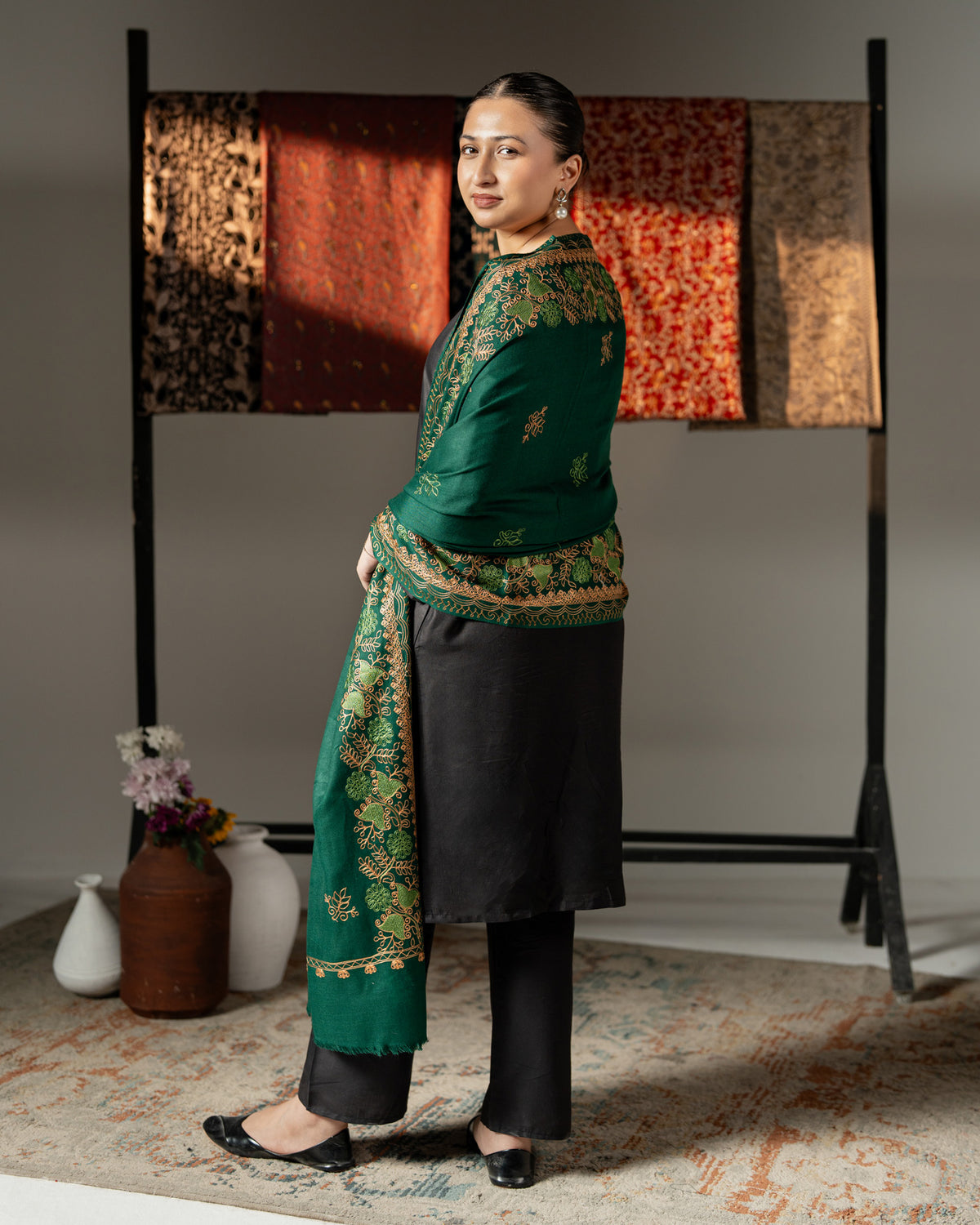 Abeer Floral Vine Border Embroidered Pashmina Shawl