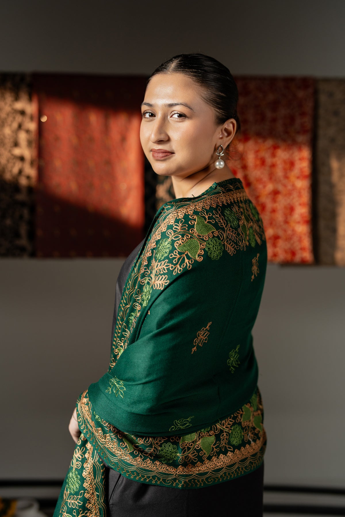Abeer Floral Vine Border Embroidered Pashmina Shawl